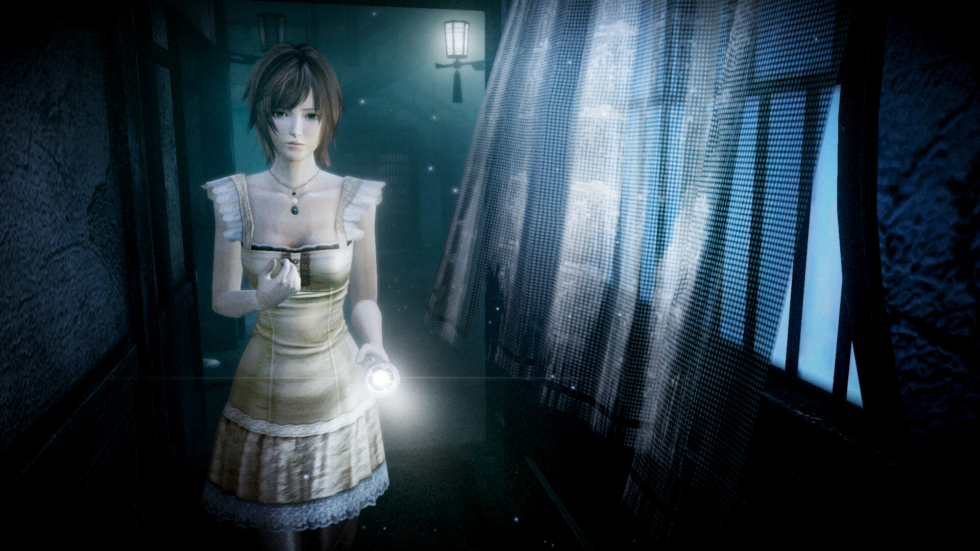 A young woman with short dark hair, wearing a white and yellow dress, holds a flashlight in one hand as she proceeds down a dark hallway in Fatal Frame: Mask of the Lunar Eclipse.