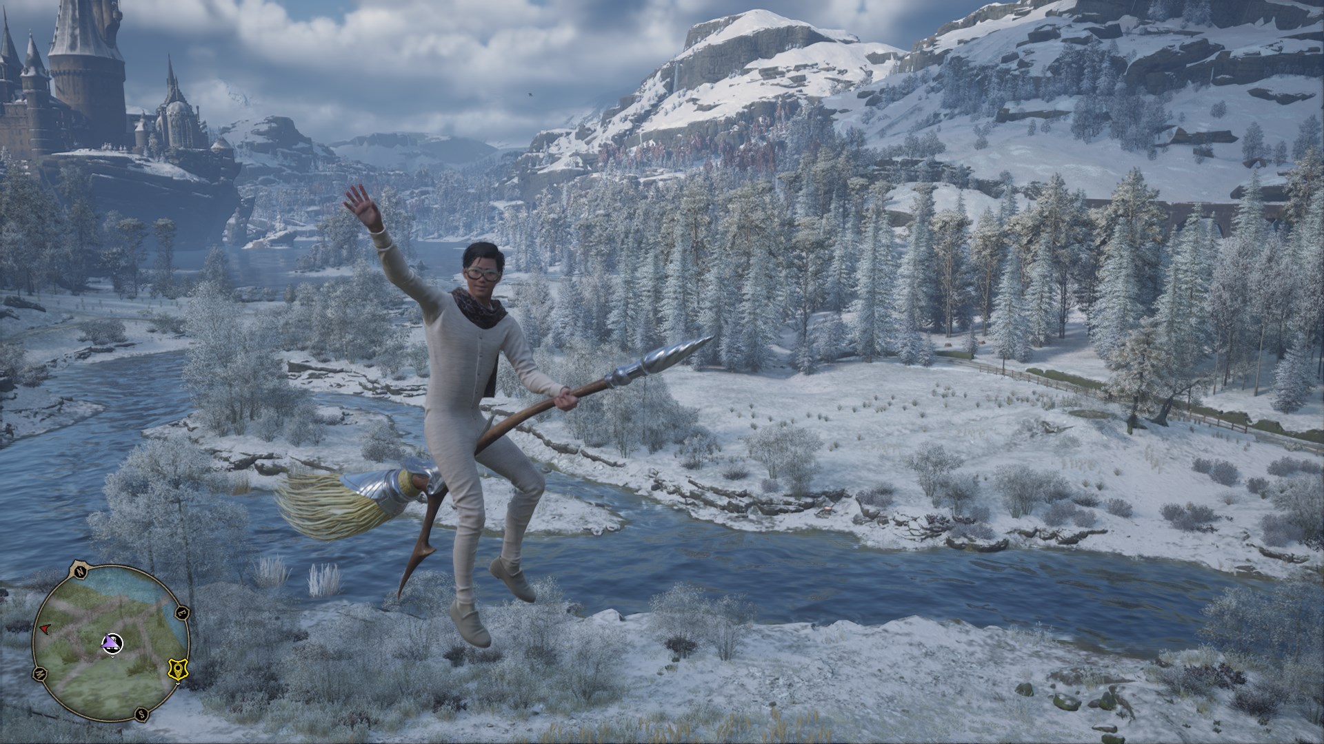 Person in their long johns waving to the camera while riding a broom in Hogwarts Legacy