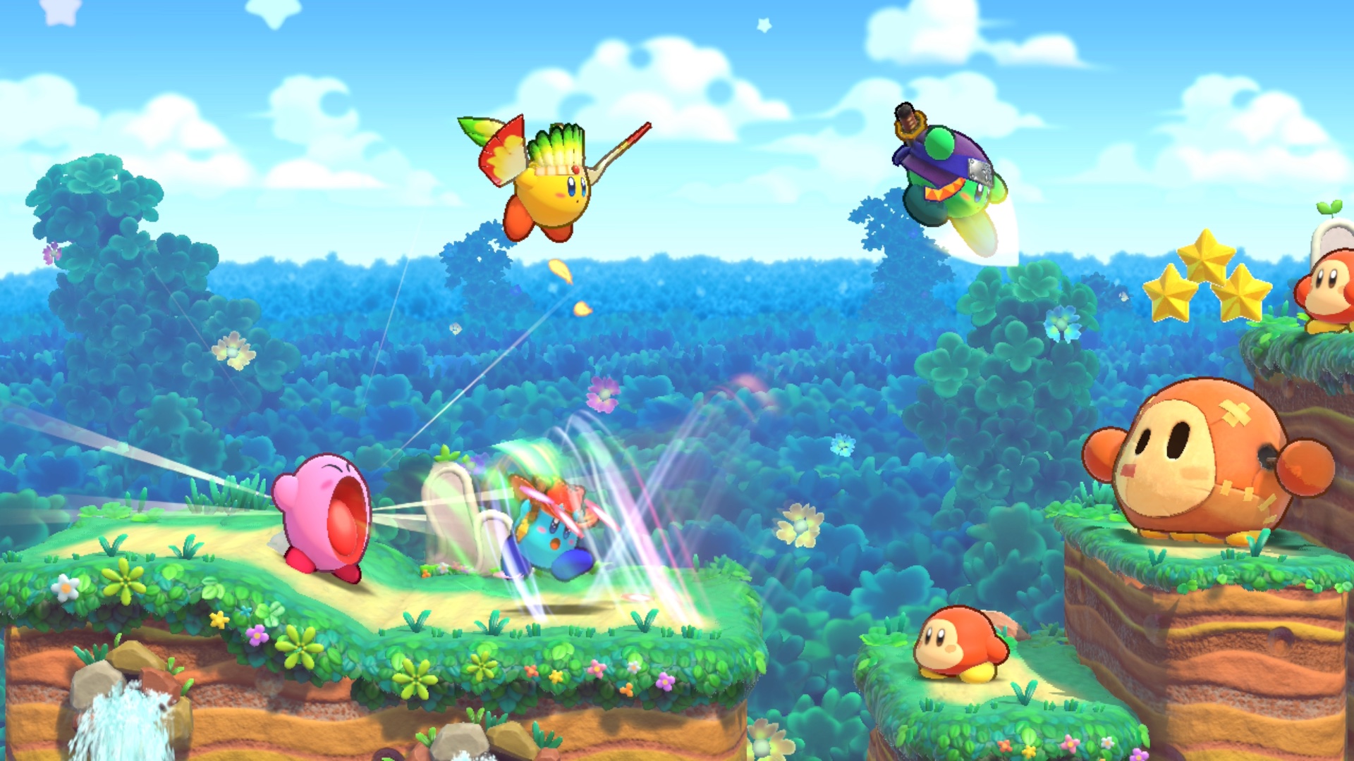Four Kirbys face a trio of Waddle Dee using a variety of copy abilities in a screenshot from Kirby’s Return to Dream Land Deluxe