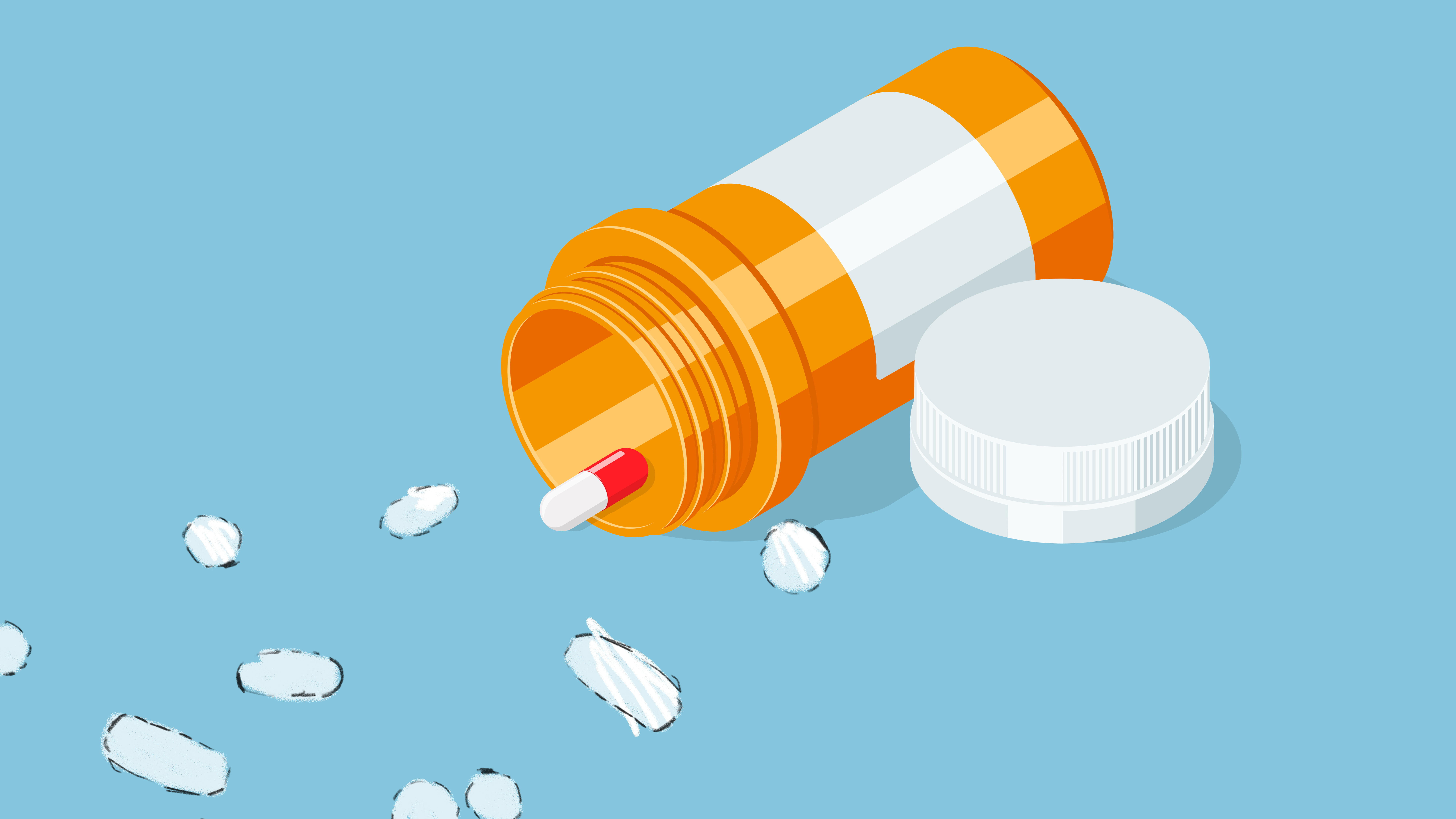 An illustration of a single pill falling out of a pill container, as well as pieces of paper in the shape of pills.