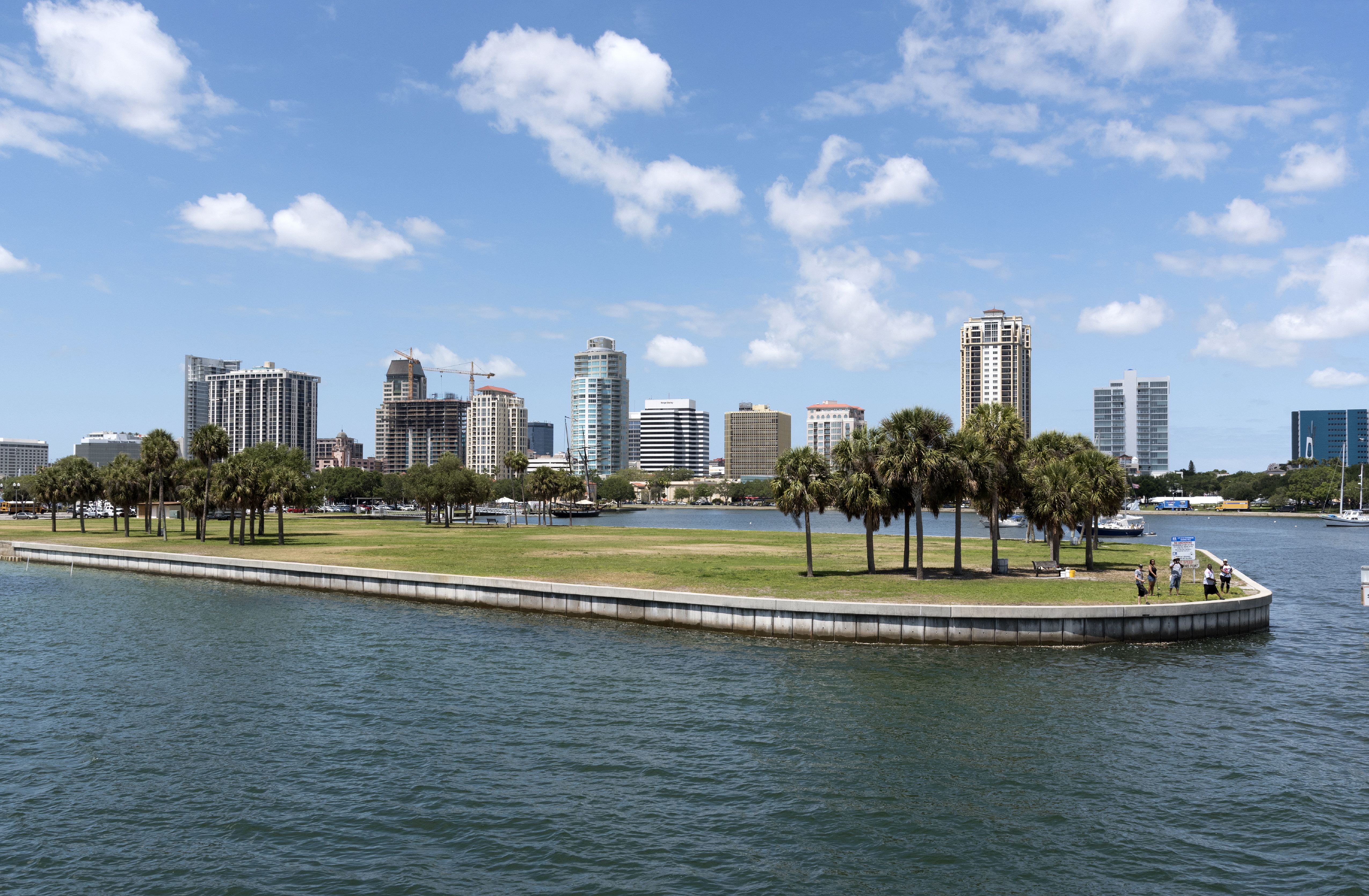 The Mooring Field and skyline view at the harbor entrance to St Petersburg Florida USA.