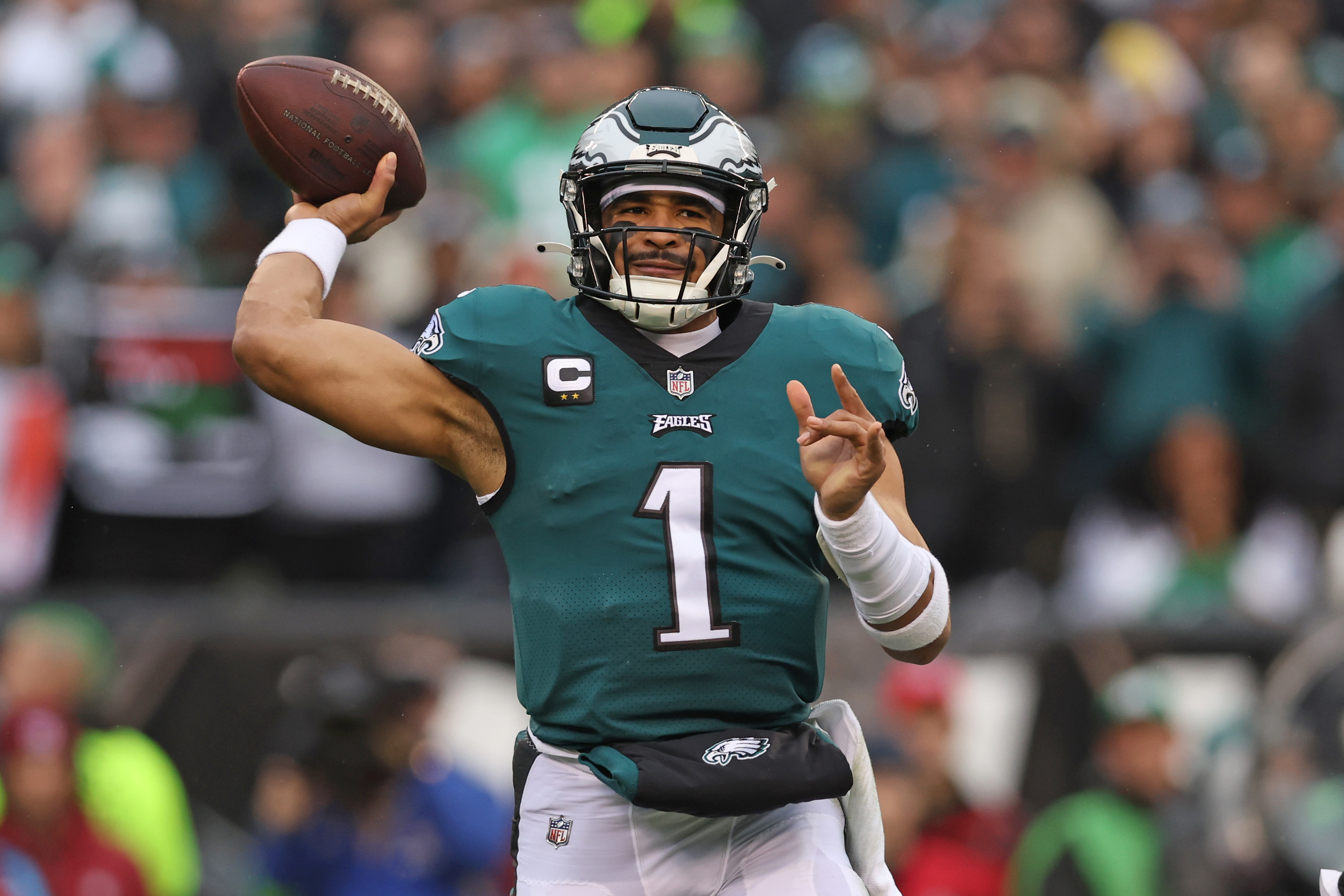 Jan 29, 2023; Philadelphia, Pennsylvania, USA; Philadelphia Eagles quarterback Jalen Hurts (1) throws a pass during the first quarter against the San Francisco 49ers in the NFC Championship game at Lincoln Financial Field. Mandatory Credit: Bill Streicher