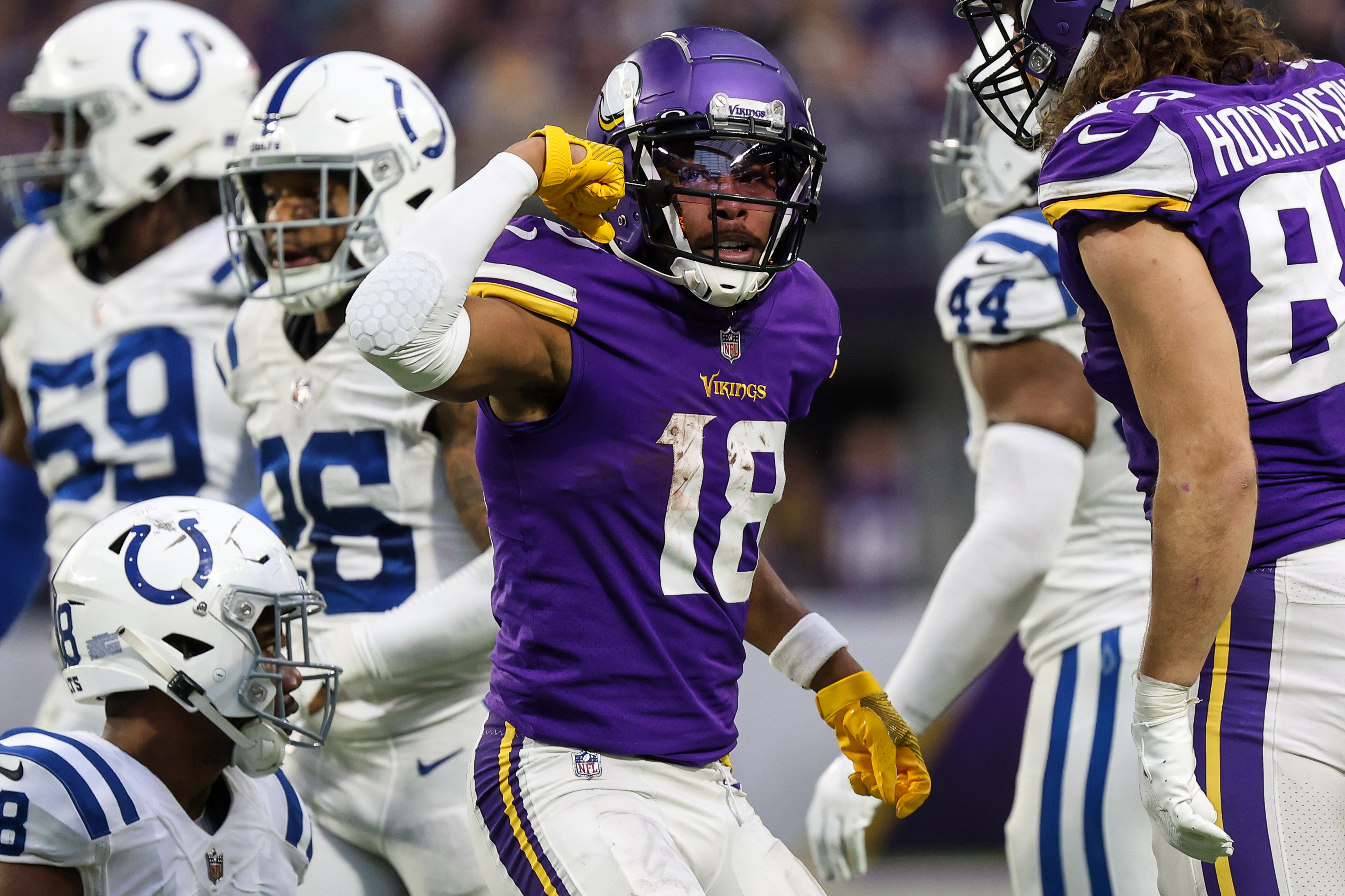 Minnesota Vikings wide receiver Justin Jefferson (18) reacts to his catch during the fourth quarter against the Indianapolis Colts at U.S. Bank Stadium.
