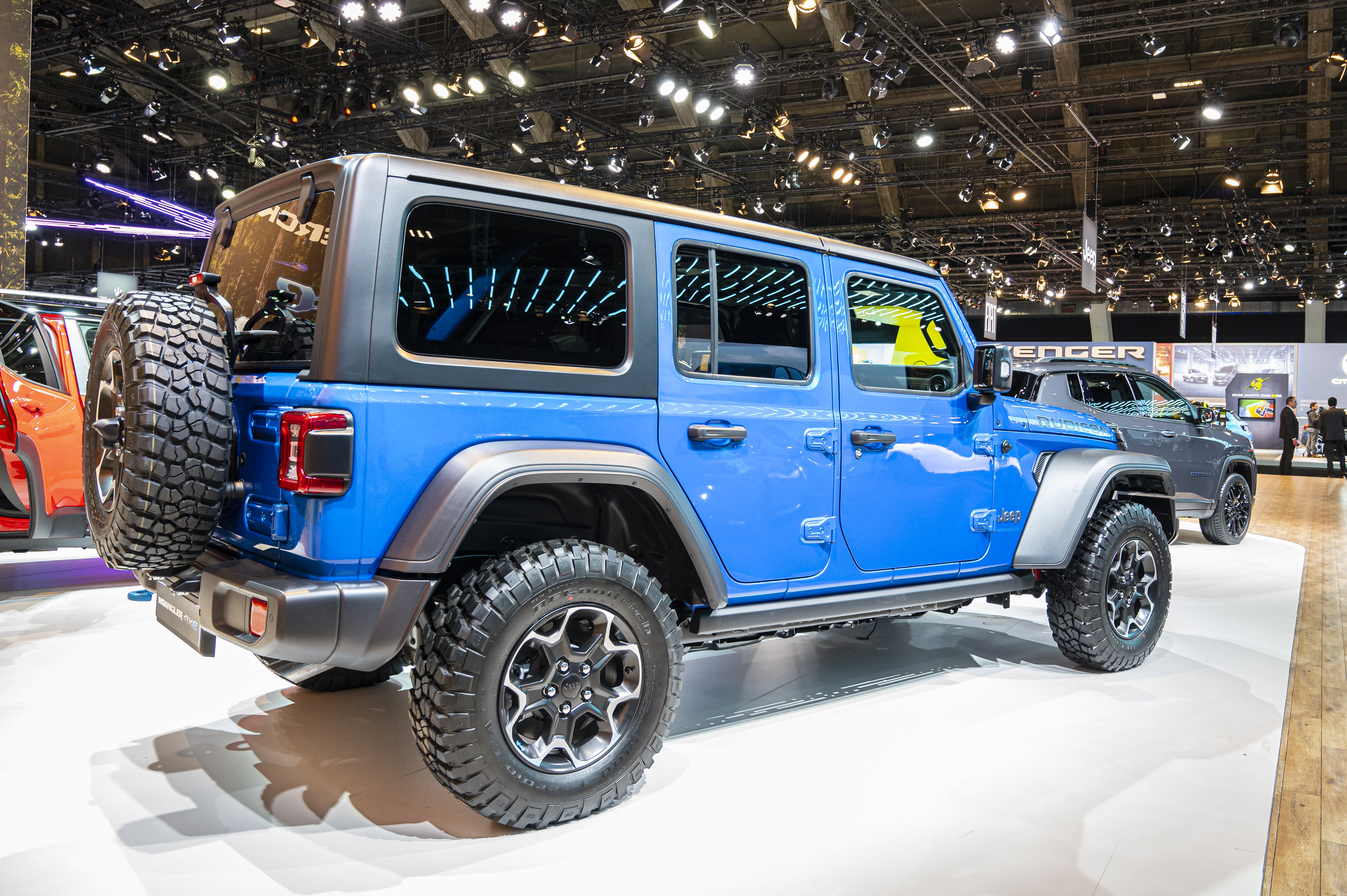 Jeep Wrangler 4XE Rubicon Plug-in Hybrid off road vehicle at Brussels Expo on January 13, 2023 in Brussels, Belgium.