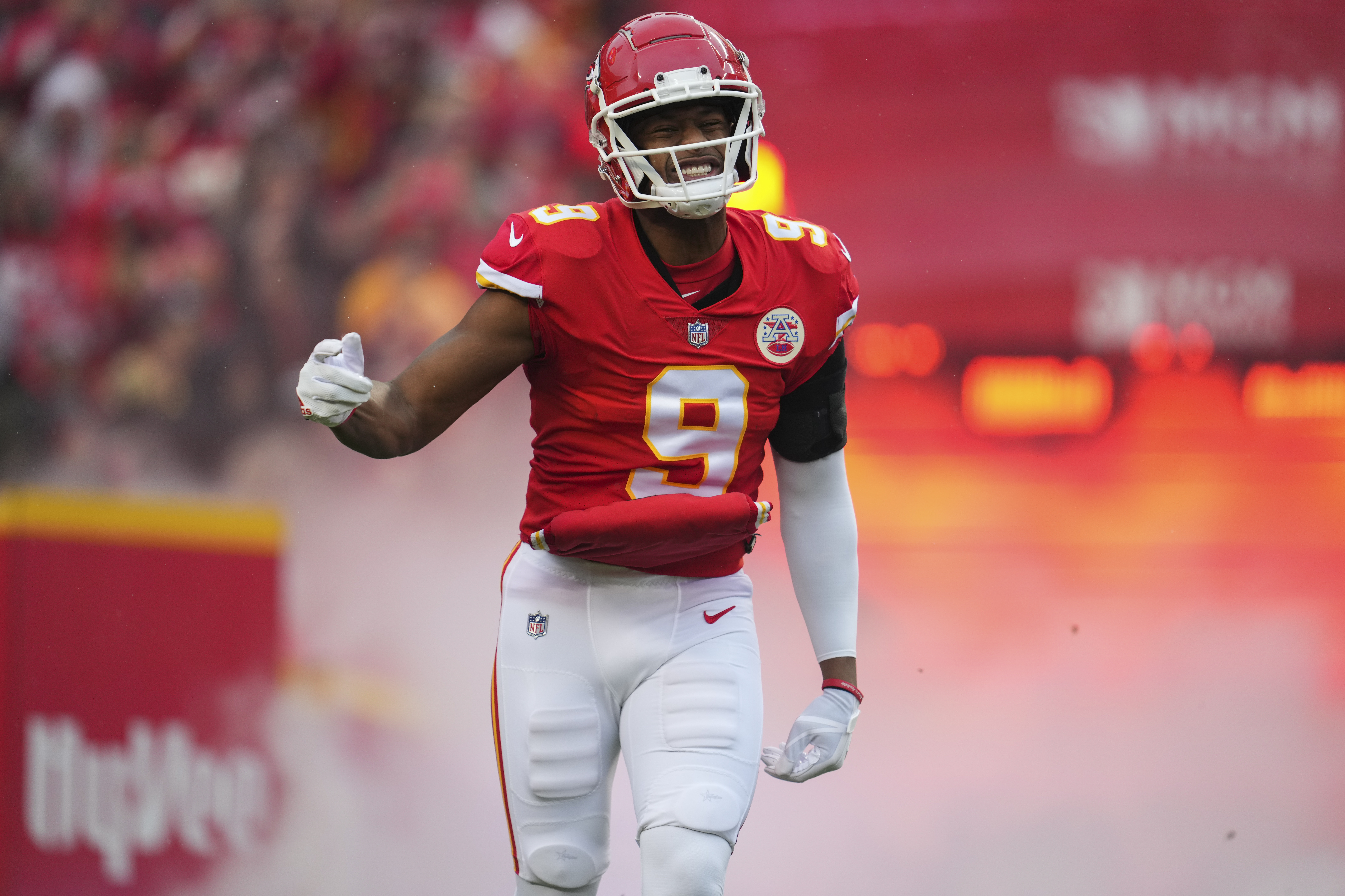 JuJu Smith-Schuster #9 of the Kansas City Chiefs runs onto the field during introductions against the Jacksonville Jaguars at GEHA Field at Arrowhead Stadium on January 21, 2023 in Kansas City, Missouri.