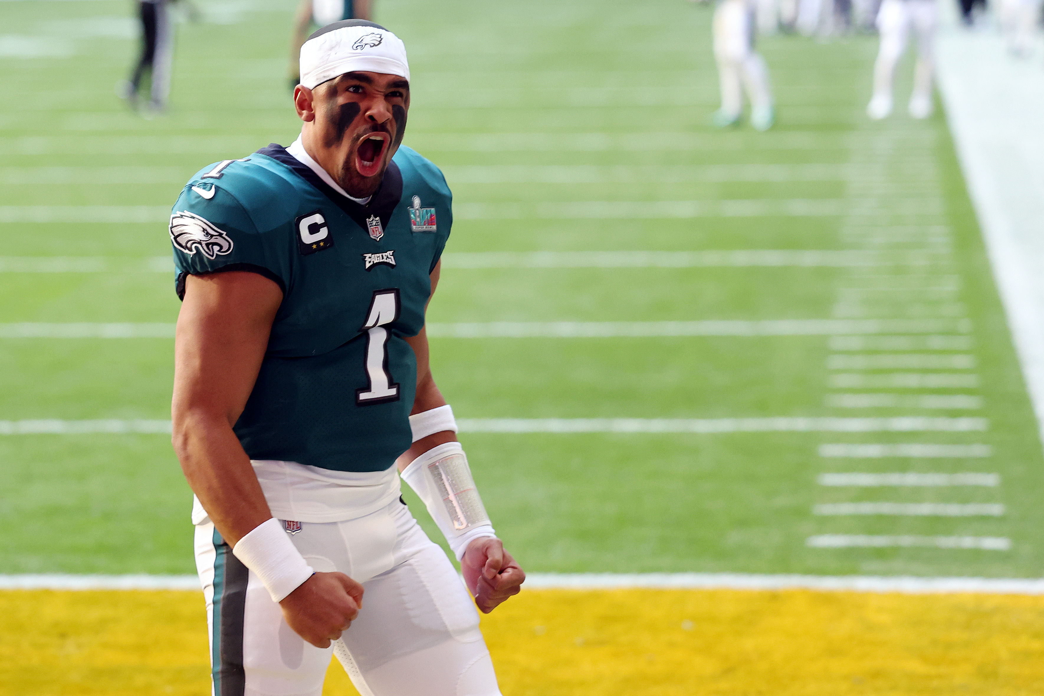 Jalen Hurts #1 of the Philadelphia Eagles reacts before playing against the Kansas City Chiefs in Super Bowl LVII at State Farm Stadium on February 12, 2023 in Glendale, Arizona.