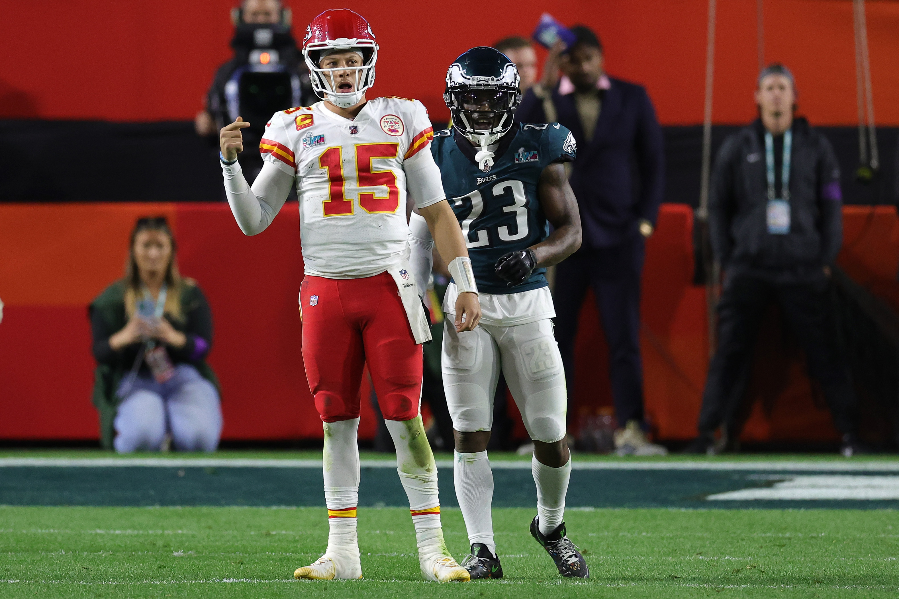 Patrick Mahomes #15 of the Kansas City Chiefs reacts after a play against C.J. Gardner-Johnson #23 of the Philadelphia Eagles during the fourth quarter in Super Bowl LVII at State Farm Stadium on February 12, 2023 in Glendale, Arizona.