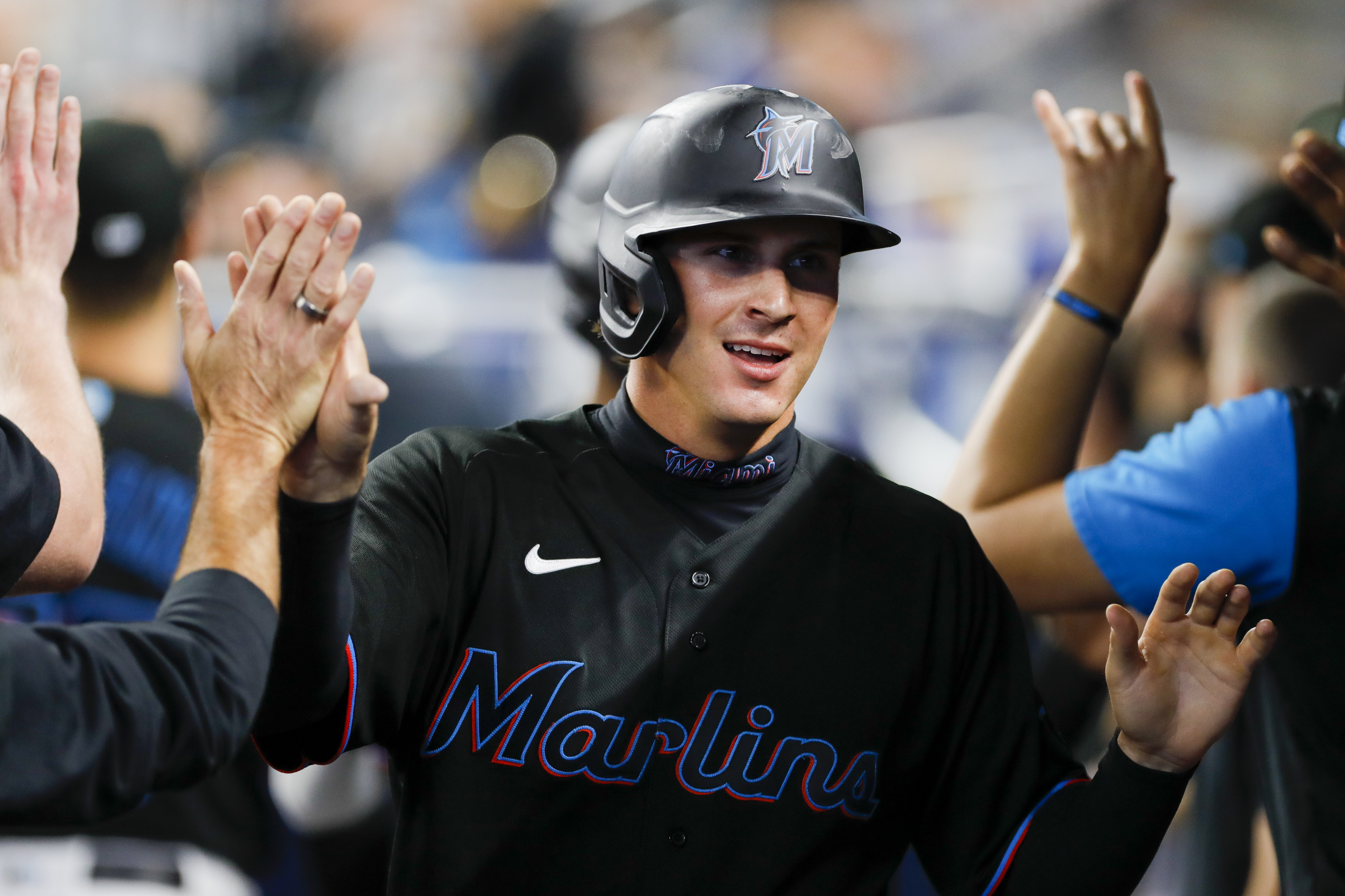 Miami Marlins center fielder JJ Bleday (67) celebrates in dugout after scoring during the first inning against the New York Mets at loanDepot Park.
