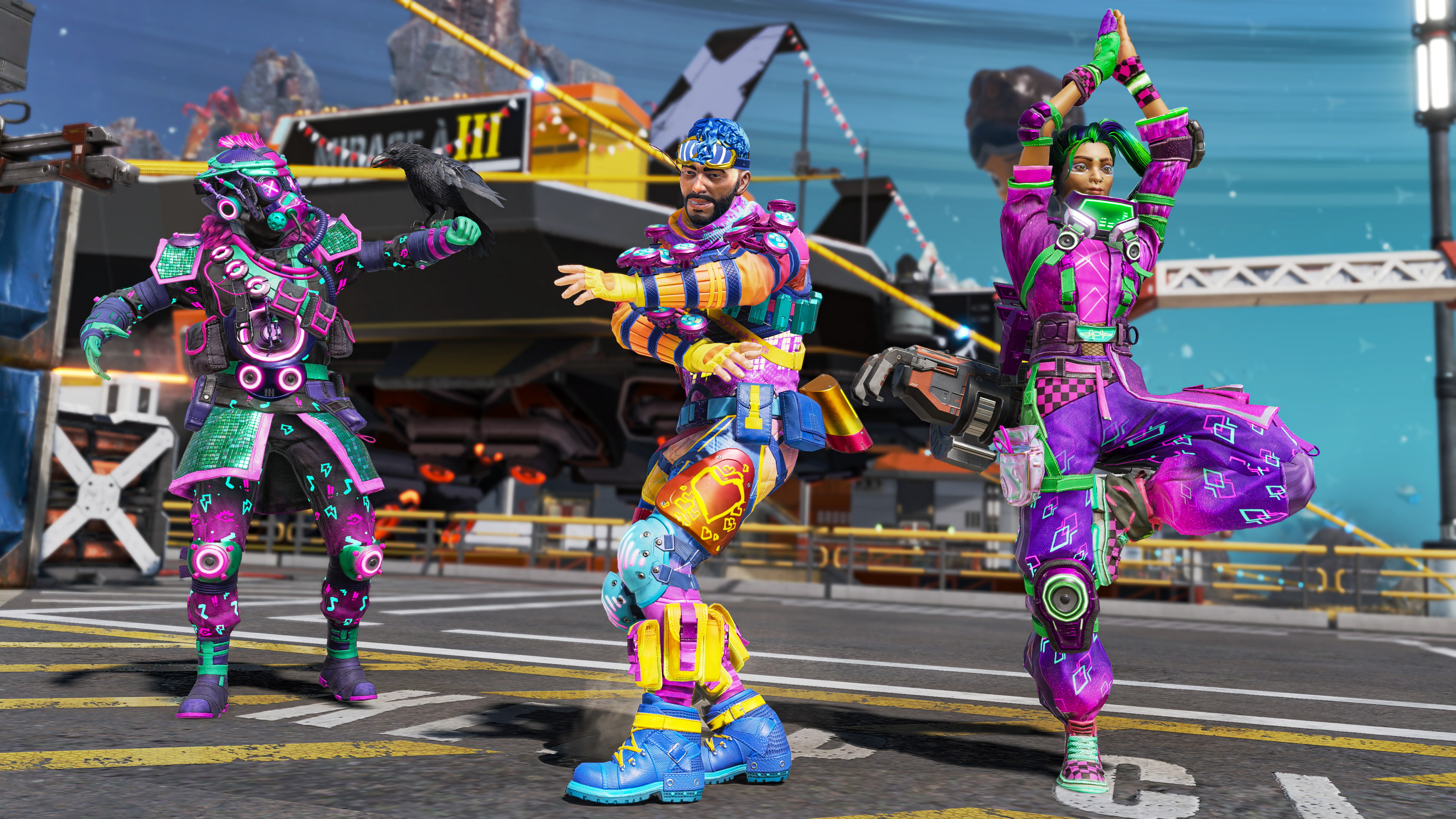 Three Apex Legends in emote poses, wearing new skins available in the season 16 battle pass