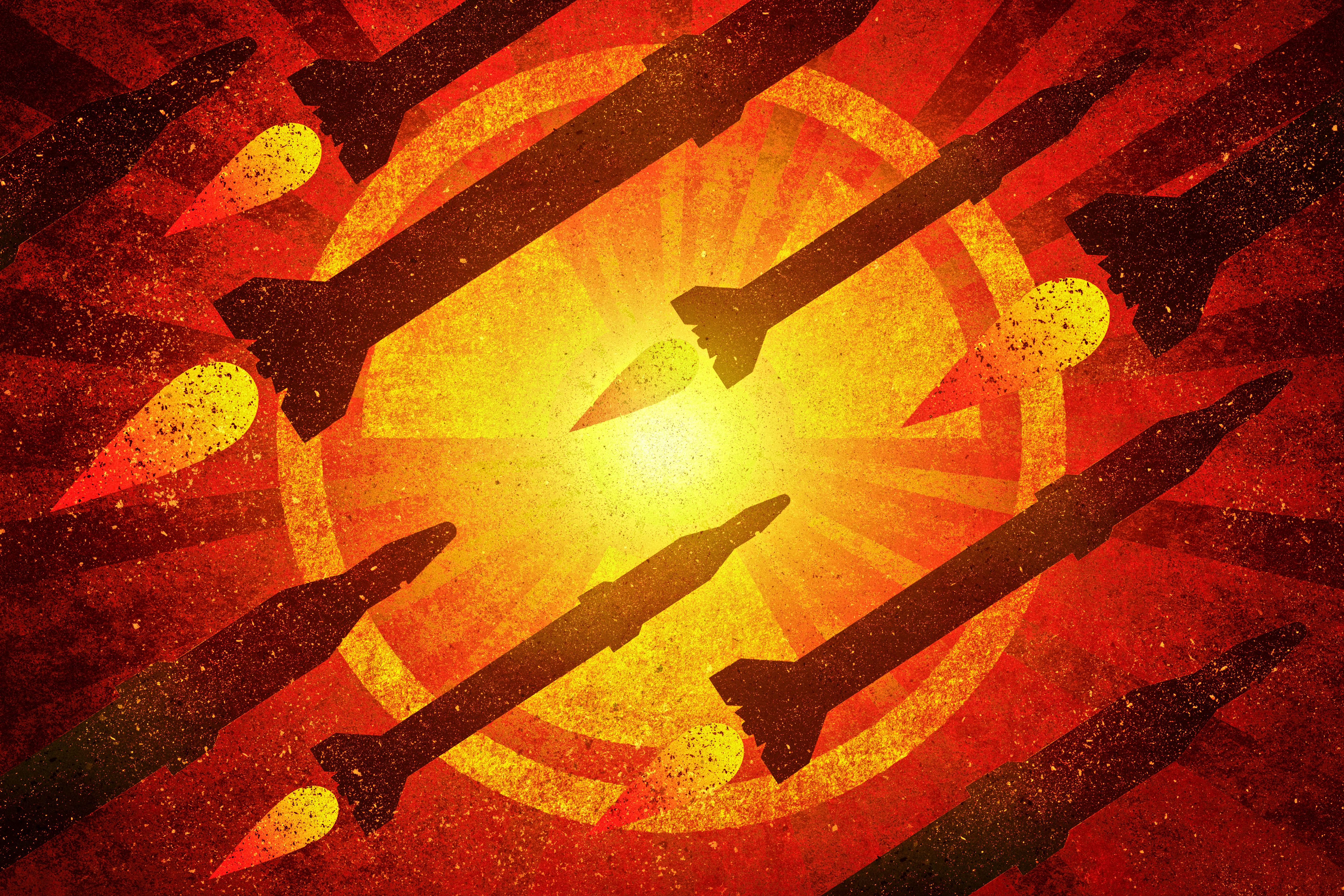 An illustration shows many missiles flying against a background of a yellow and red explosion.