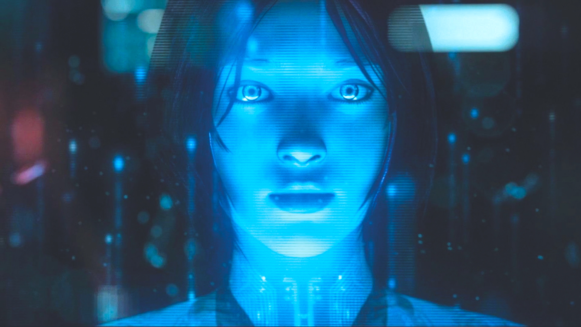 Cortana in Halo 5 stares at screen with a blue hue of a hologram