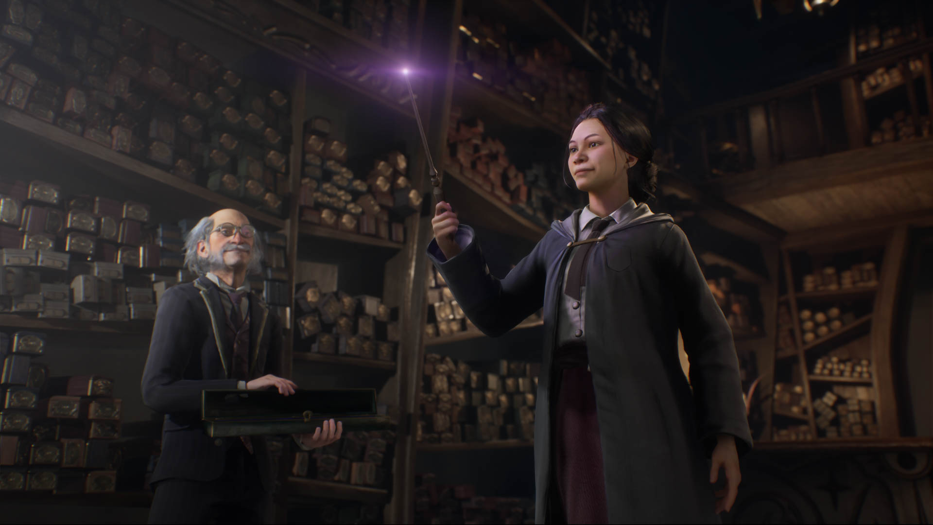 A still from the video game Hogwarts Legacy shows a Hogwarts student holding a wand as old man Ollivander looks on.