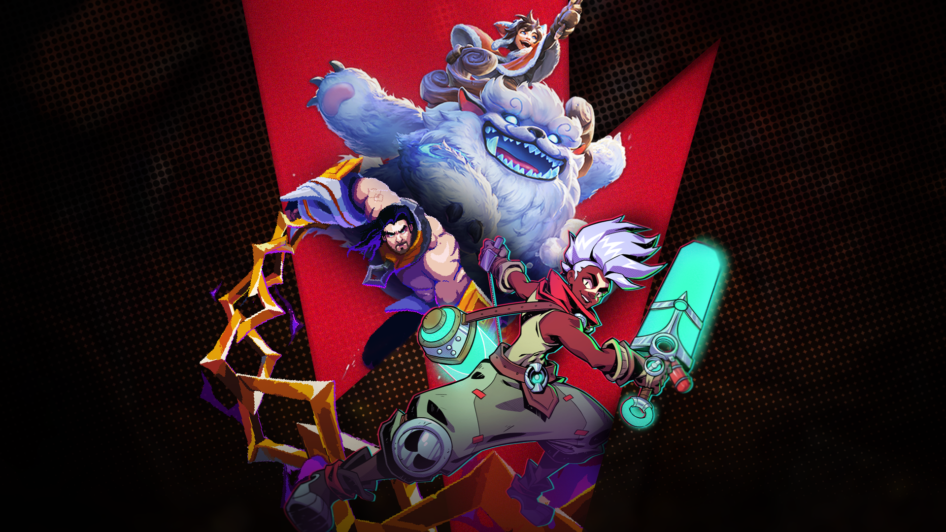Riot Forge key art for 2023, depicting the protagonists of three upcoming titles: Nunu and Willump, a boy and his yeti; time-travelling Zaun street kid Ekko; and Sylas, the Unshackled, a mage rebel from Demacia.