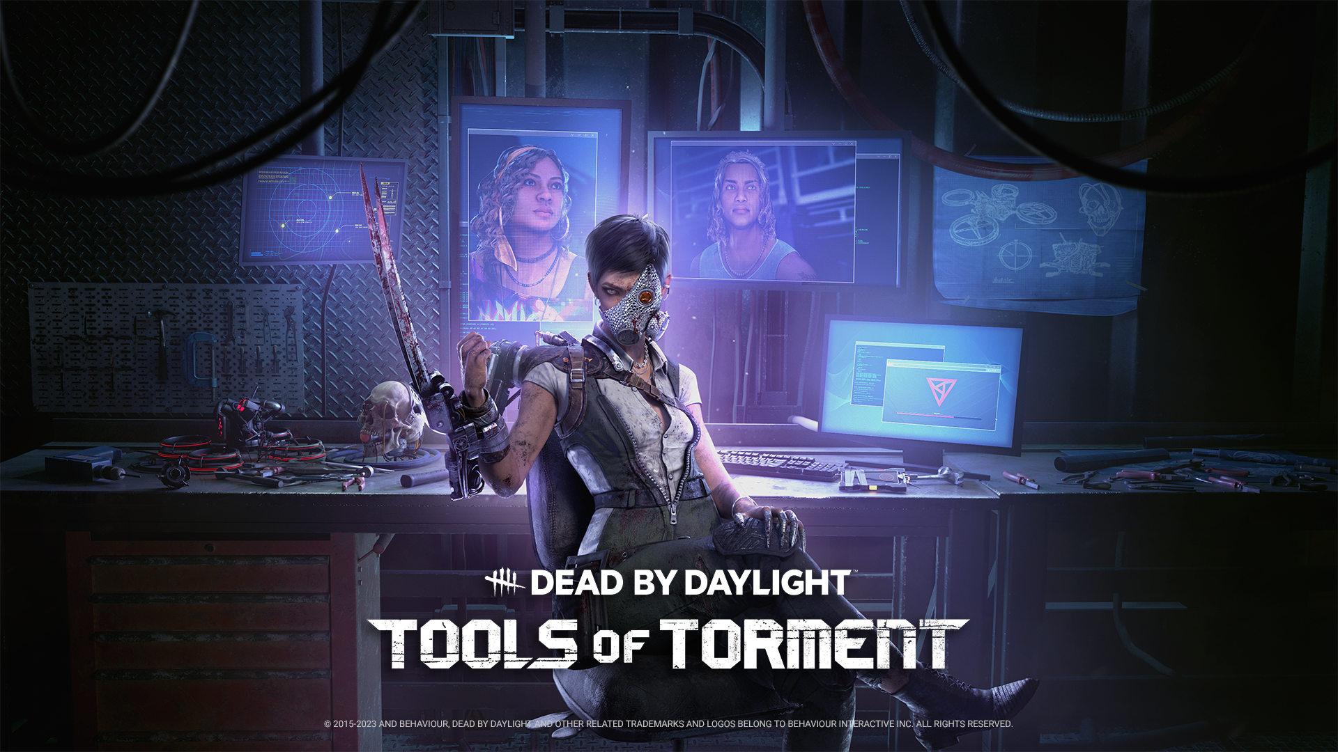 Dead by Daylight - key art for Chapter 27, Tools of Torment, showing the new Killer. She is a young woman with short dark hair, wearing a bedazzled mask over half her face. She wears sensible hunting clothes in grey and white, and sits in front of many computer screens showing her prey.
