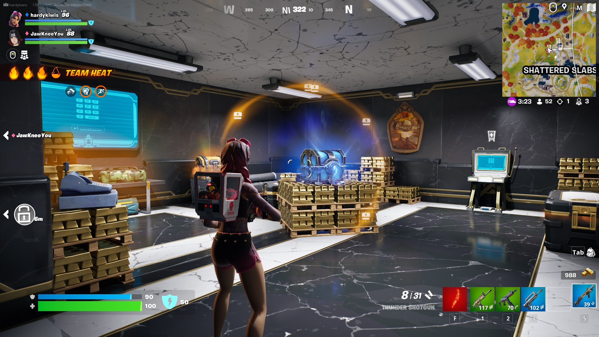 A Fortnite character stands in a vault filled with gold and other loot