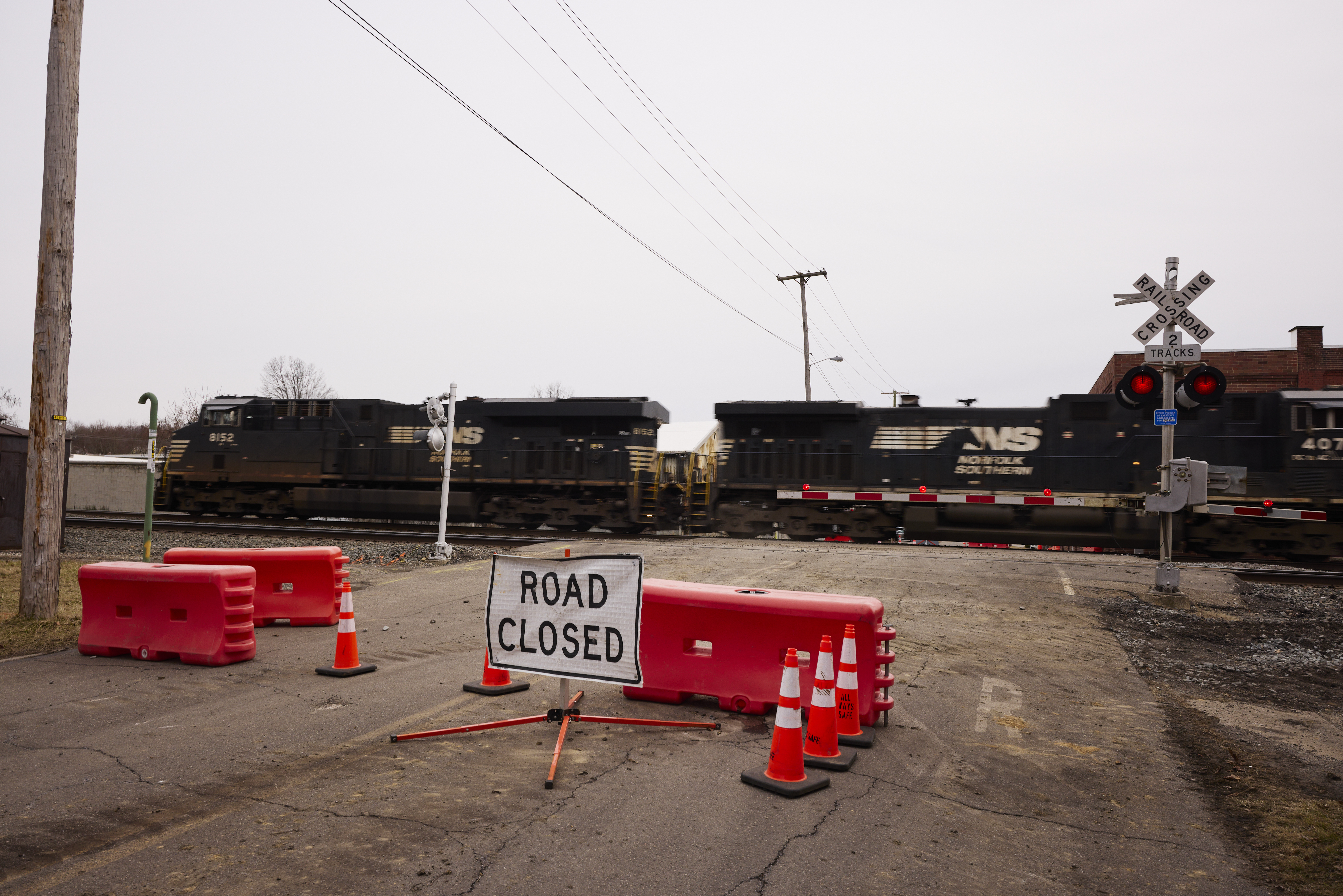 A Norfolk Southern train is en route near where another train by the company derailed, on February 14, 2023 in East Palestine, Ohio.