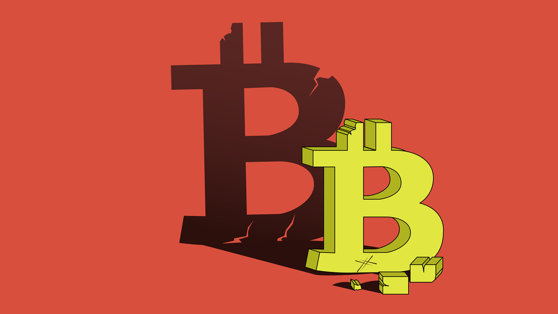 A drawing of a bitcoin logo with a bigger bitcoin shadow looming behind it.