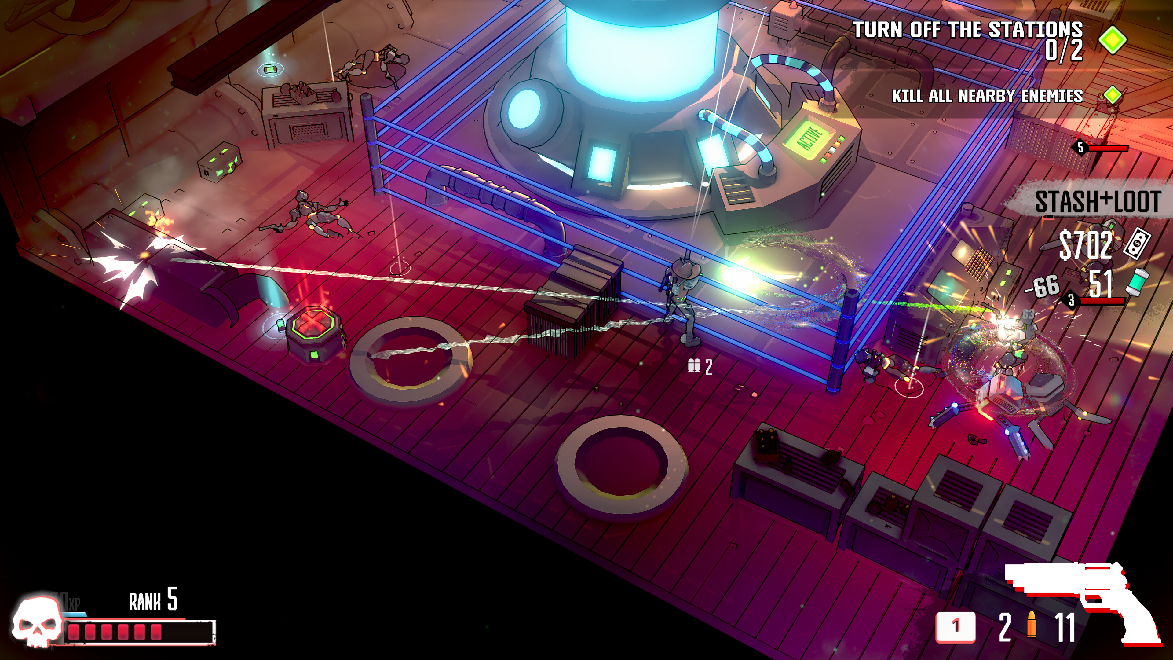 gameplay scene in Dust &amp; Neon; the player character is caught in a crossfire as he tries to take down the electromagnetic gates protecting a generator he is tasked with destroying