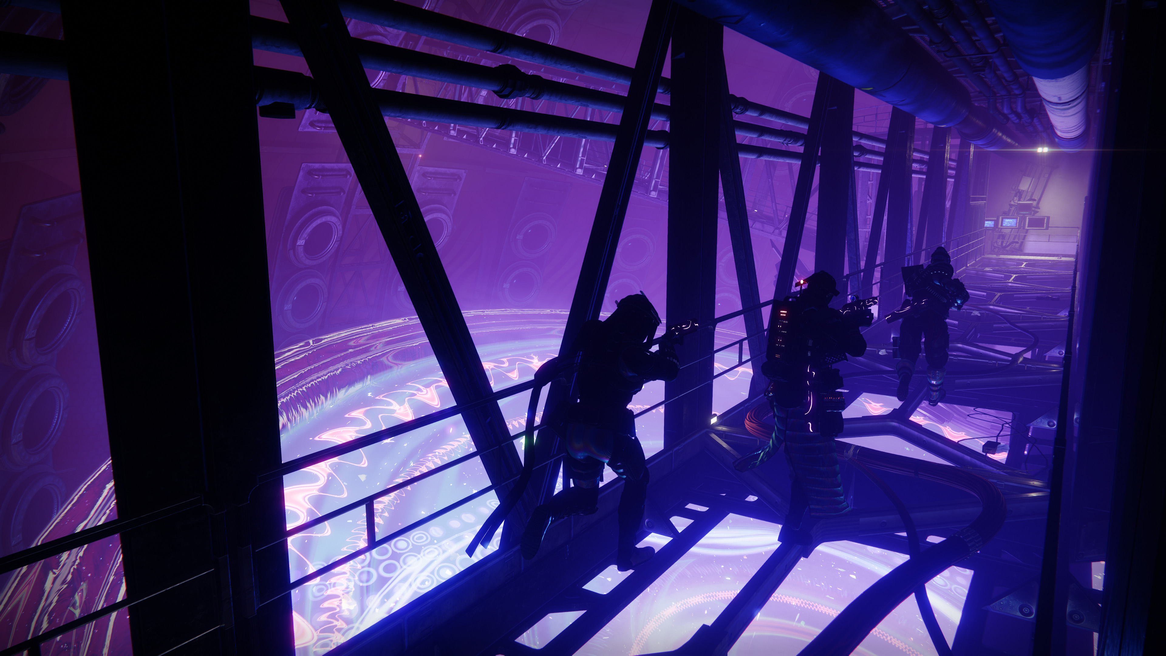 Silhouettes of three Guardians running down a purple backlit corridor