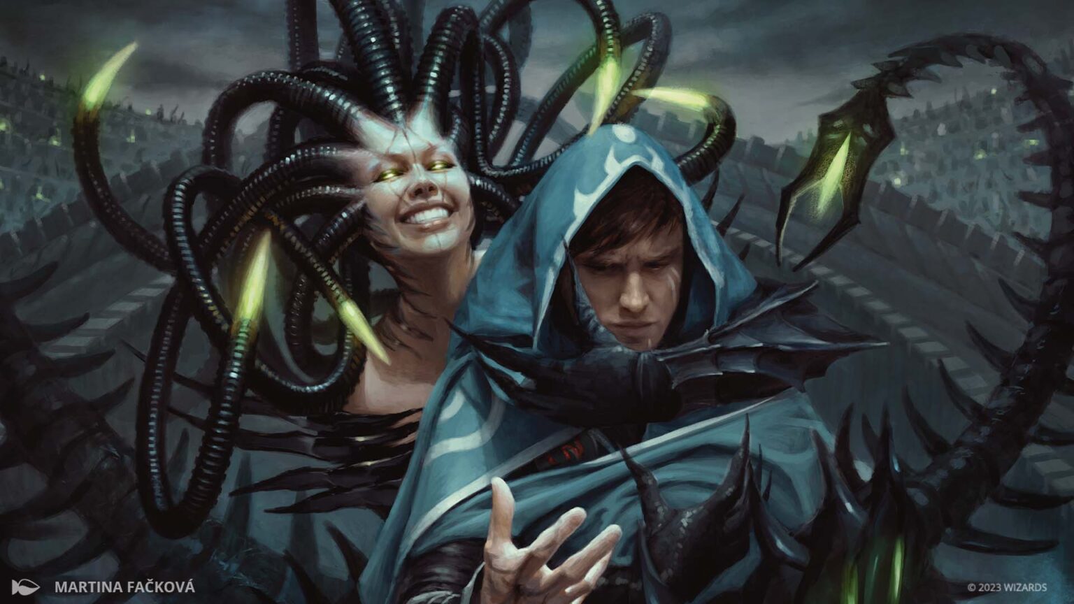 Jace looks at his hands while a medusa-like planeswalker, corrupted by Phyrexian magic, looks on in key art from MTG’s Phyrexia All Will Be One set.
