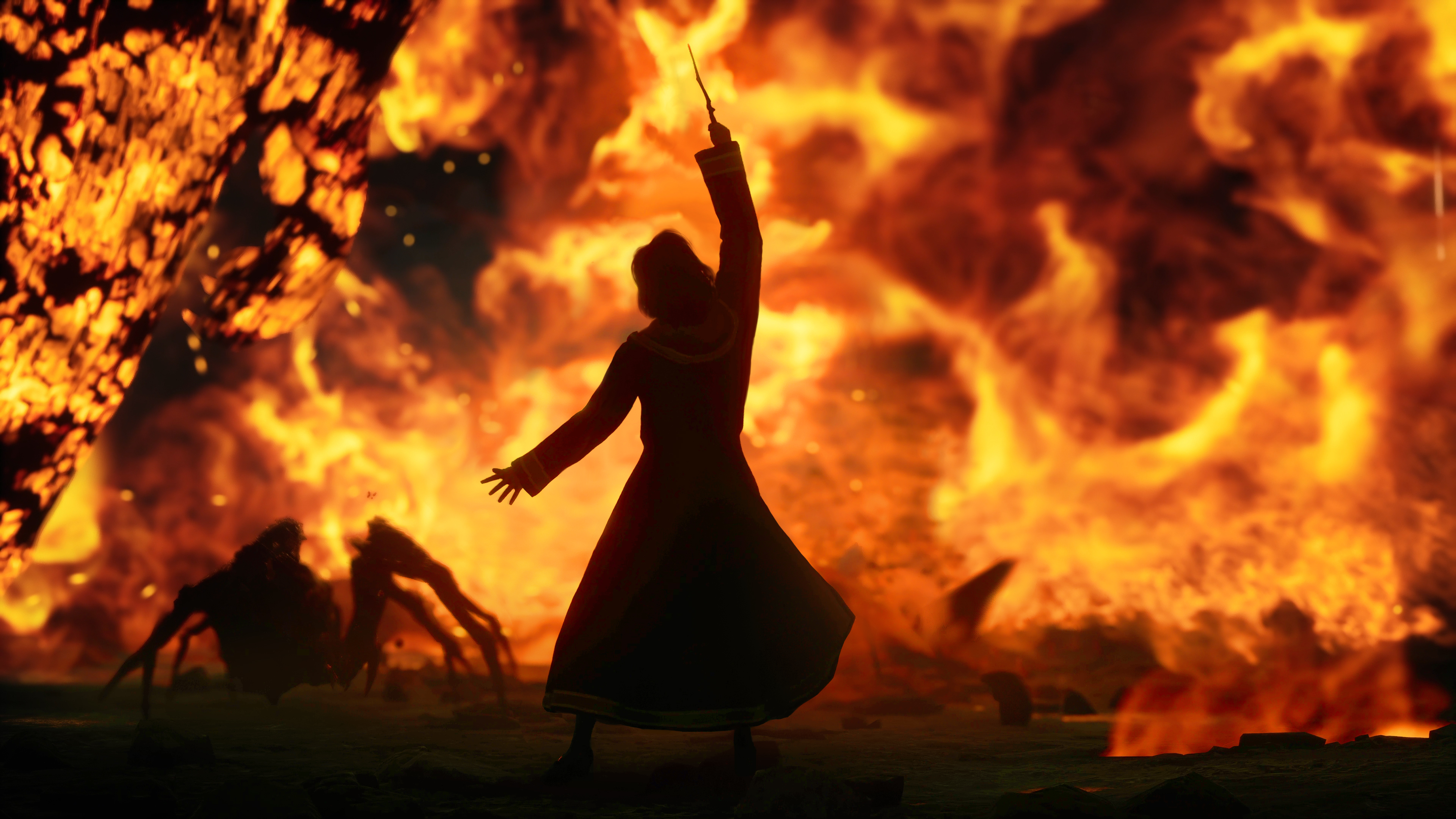 a wizard, silhouetted against a wall of flames, battles spiders in Hogwarts Legacy