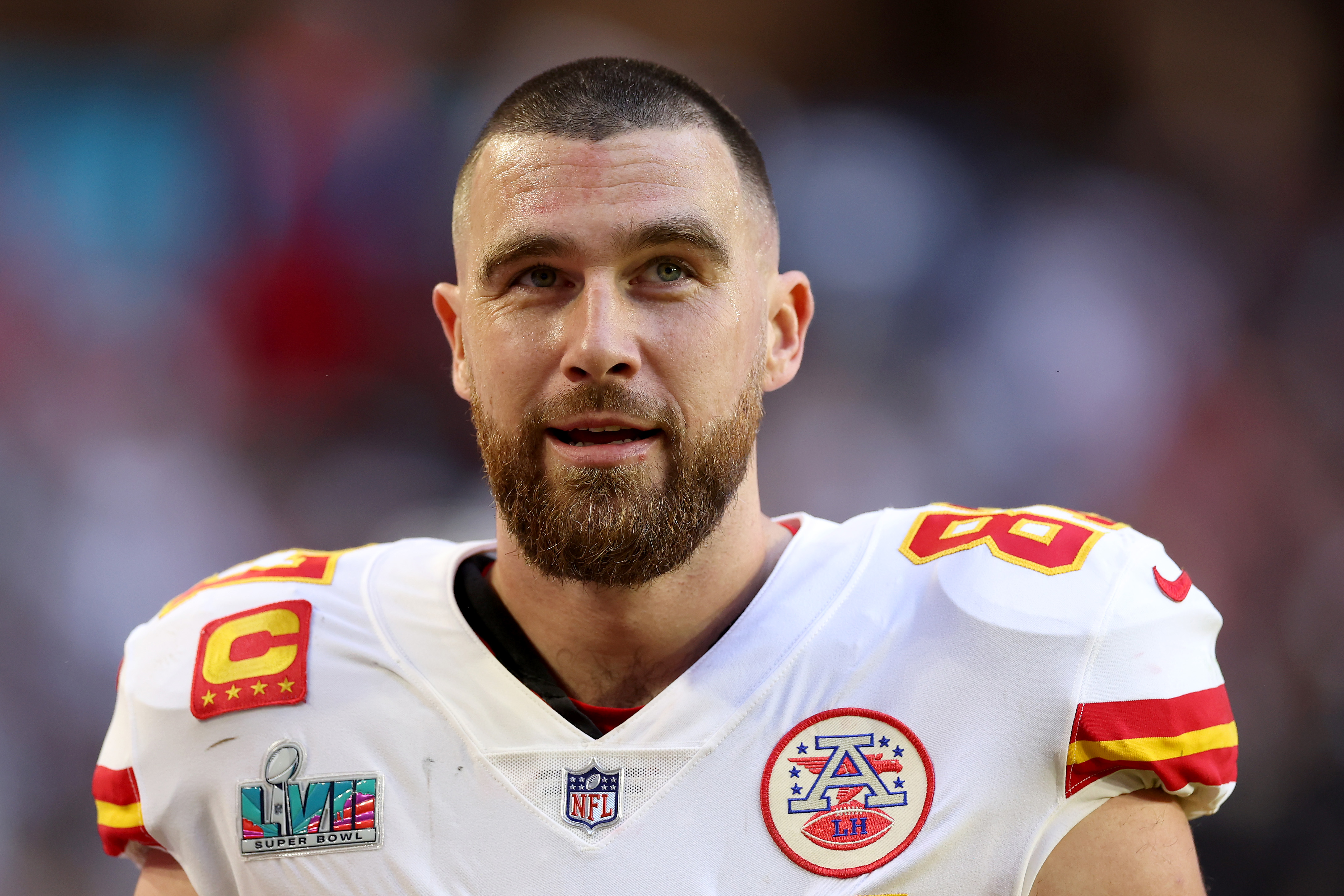 Travis Kelce #87 of the Kansas City Chiefs looks on against the Philadelphia Eagles during the first quarter in Super Bowl LVII at State Farm Stadium on February 12, 2023 in Glendale, Arizona.