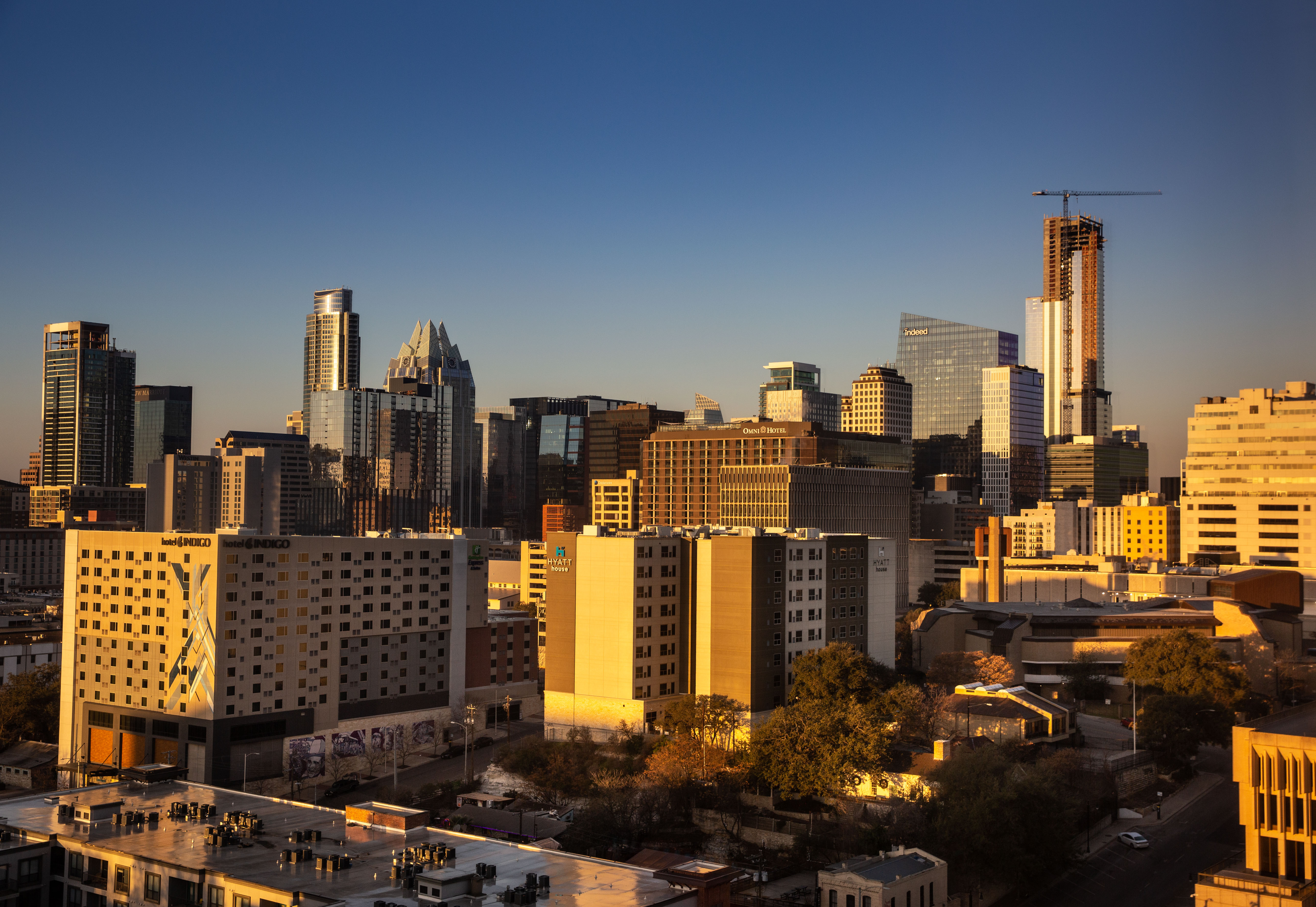 The ever-changing downtown skyline is viewed after sunrise on January 17, 2023, in Austin, Texas. Austin, the State Capitol of Texas, is the state’s second largest city and continues to experience a bustling building boom based on increased government, a return of tourism following Covid-19, onshoring of China-based businesses, and an influx of Silicon Valley tech companies expanding their operations.