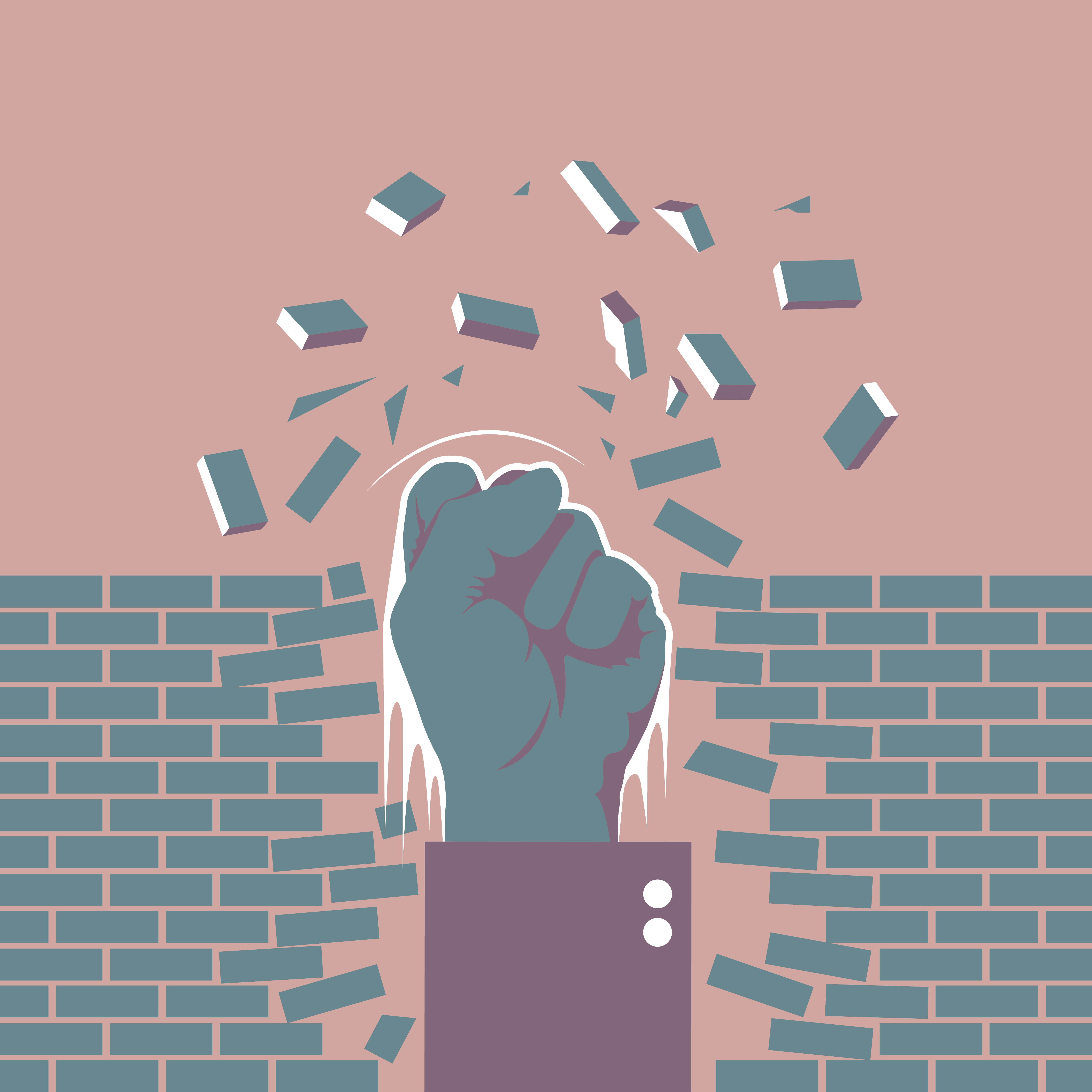 An illustration of a fist punches up through a brick wall. Bricks fly through the air.