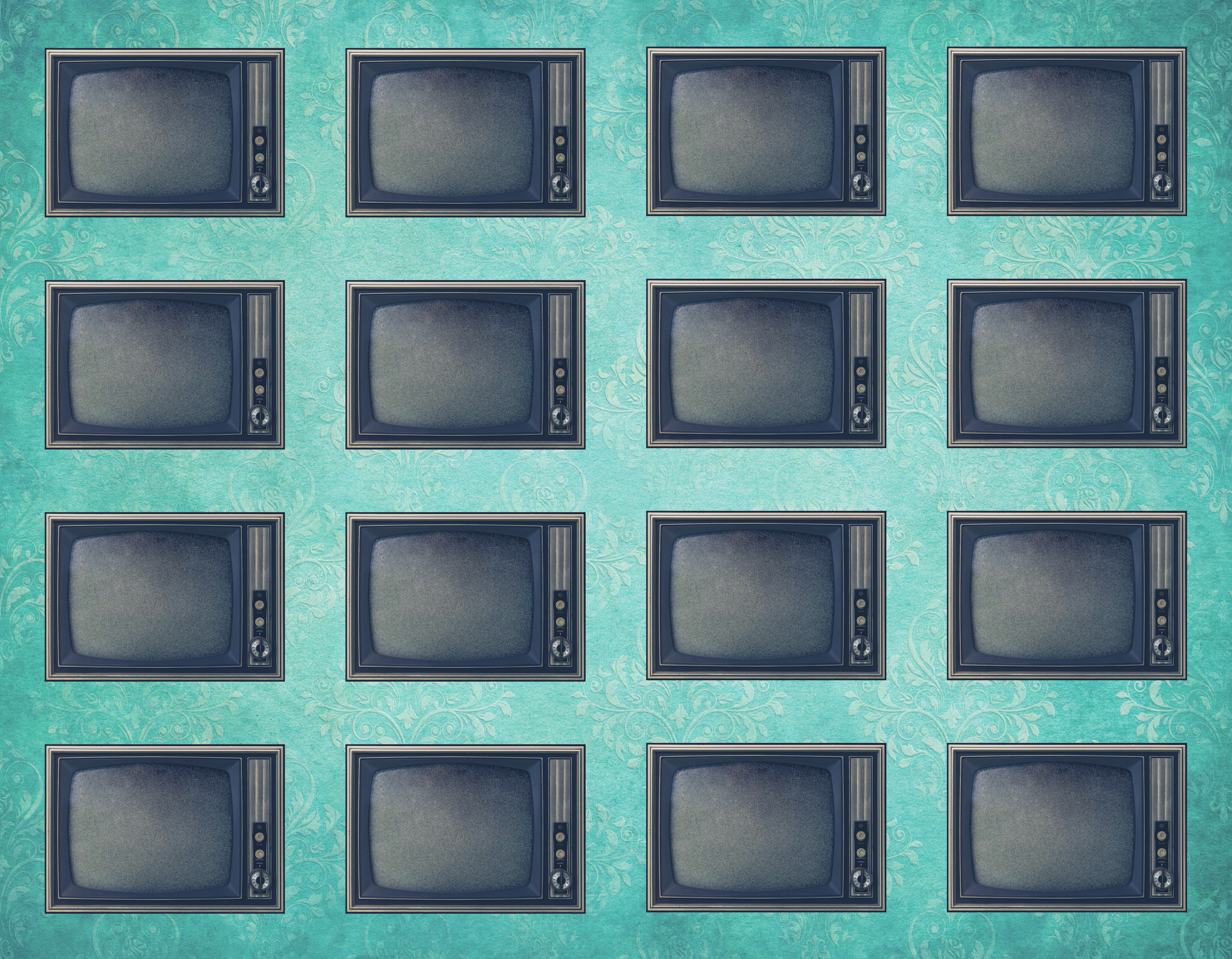 A grid of 16 old analog television sets against a turquoise background.