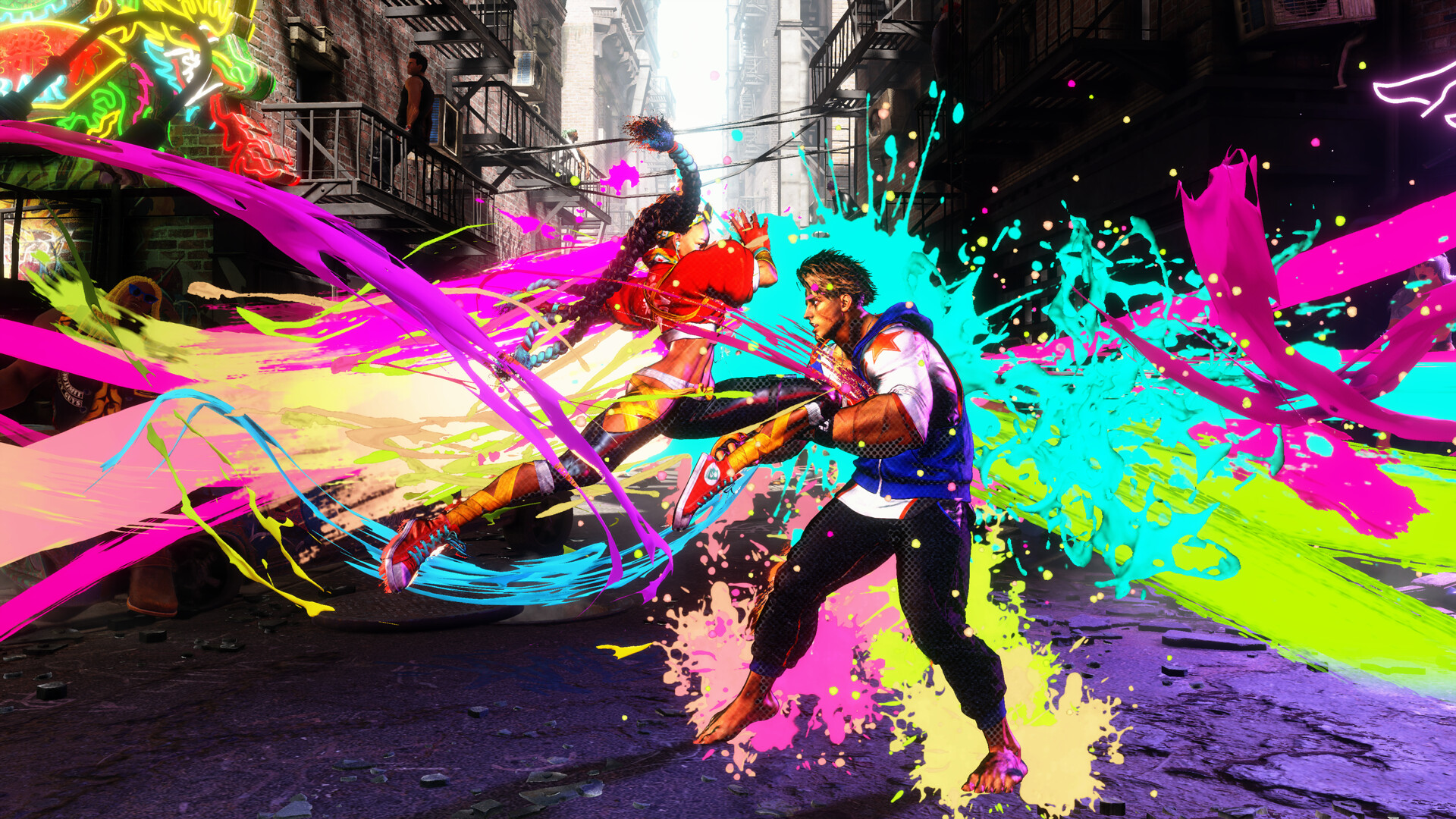 Splash paint effects in bright neon colors surround two fighters in Street Fighter 6