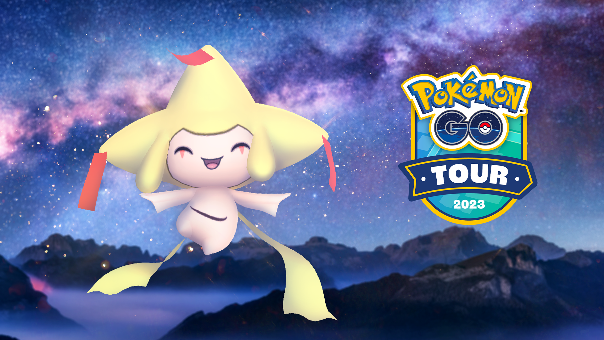 A Shiny Jirachi smiles next to the 2023 Pokémon Go Tour logo