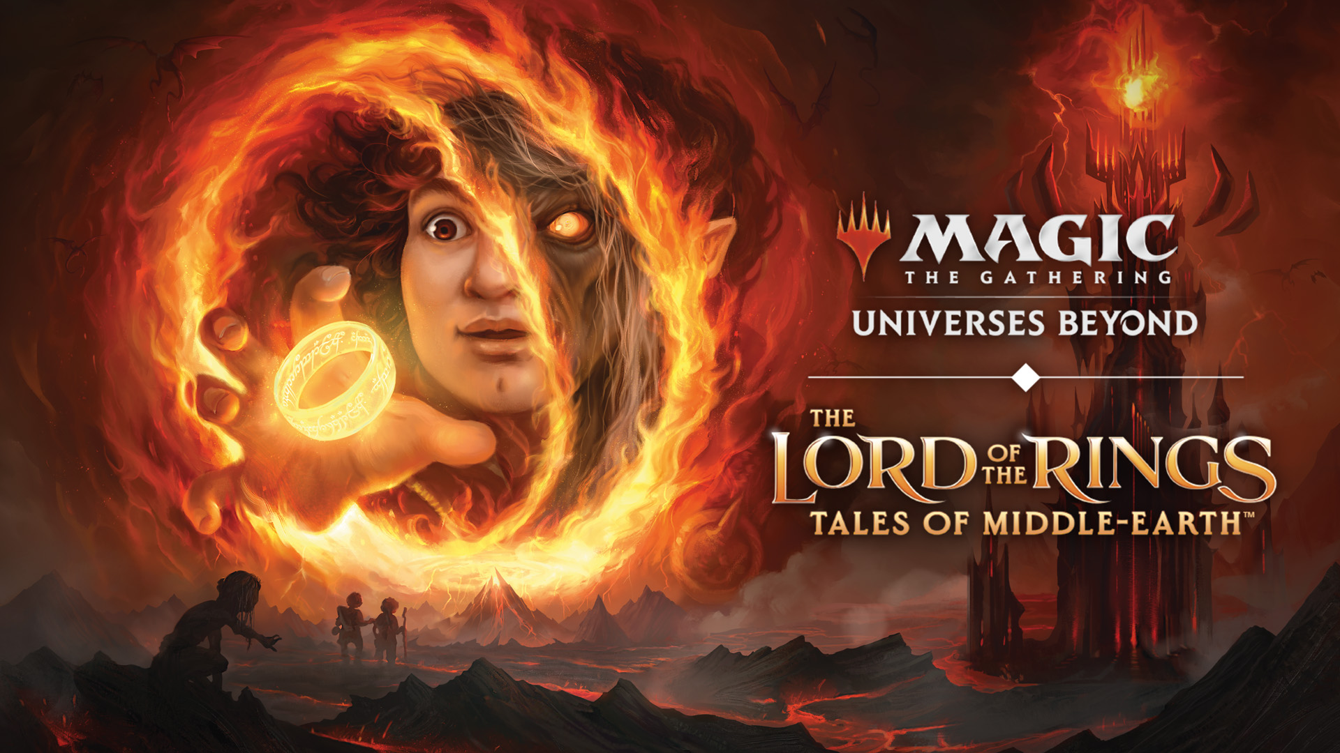 promotional image for Magic: The Gathering’s Universes Beyond series featuring Frodo (inside a flaming circle) from The Lord of the Rings