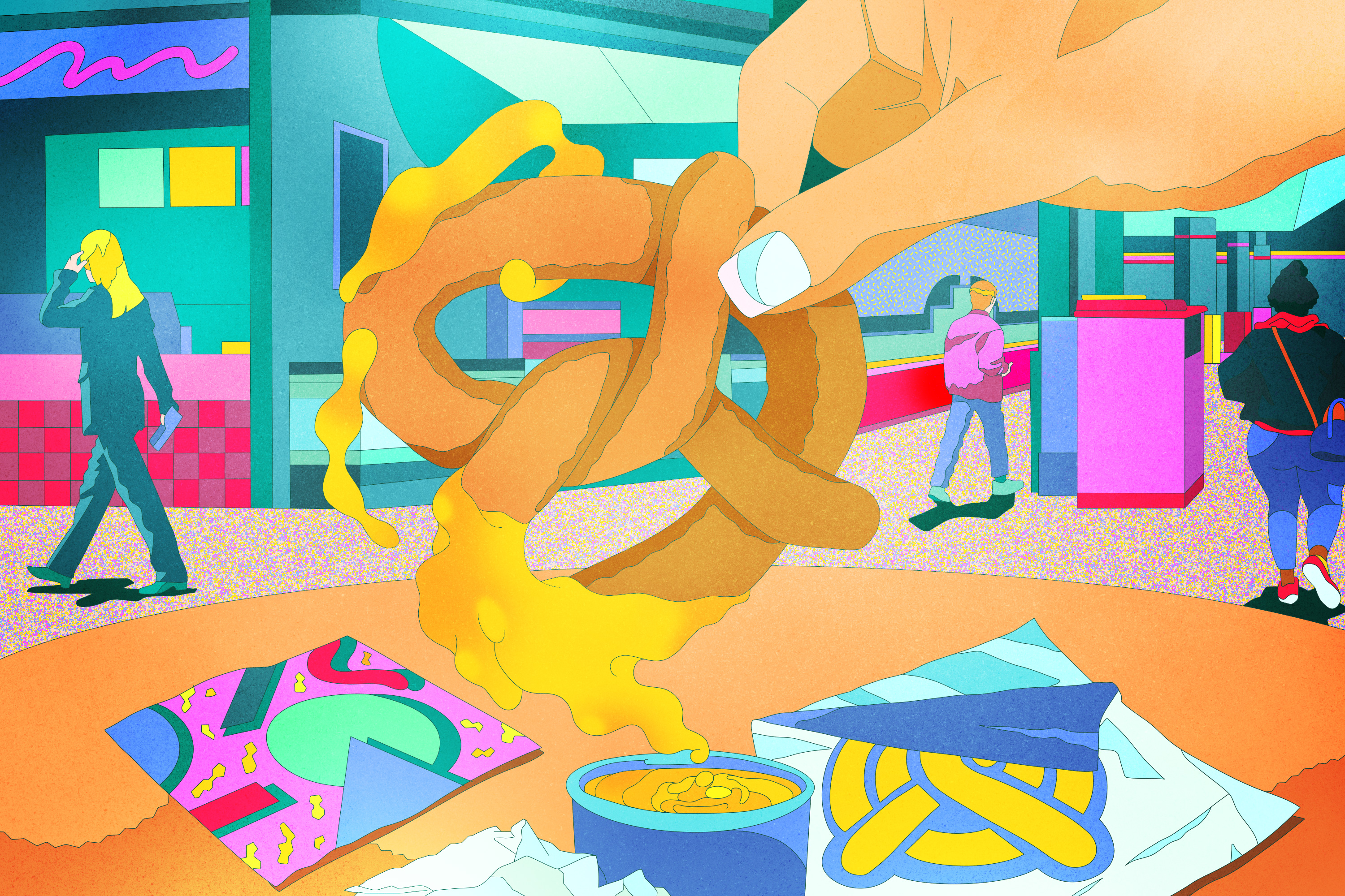 An illustrated large pretzel is being dipped into a cup of yellow cheese, with a mall food court in the background.