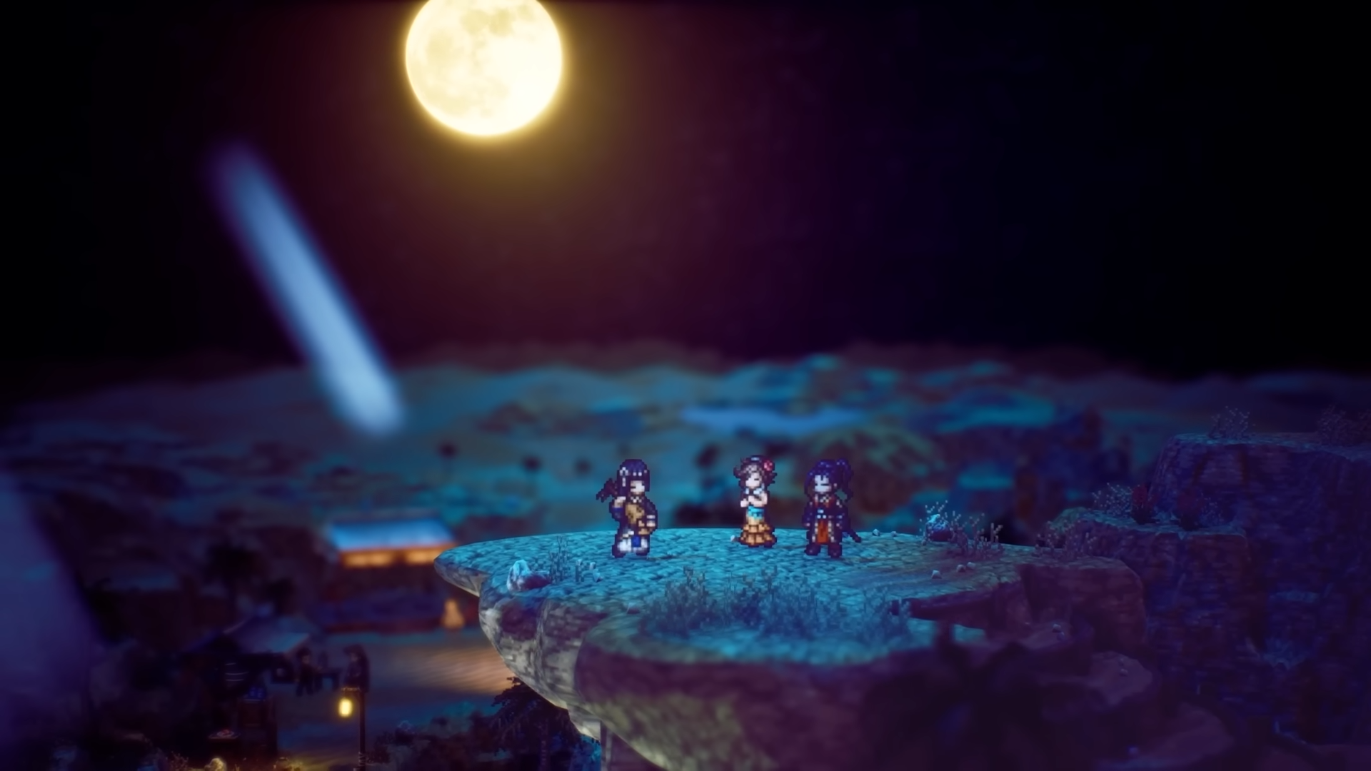 Agnea and Hikari listen to a musician in the moonlight in Octopath Traveler 2