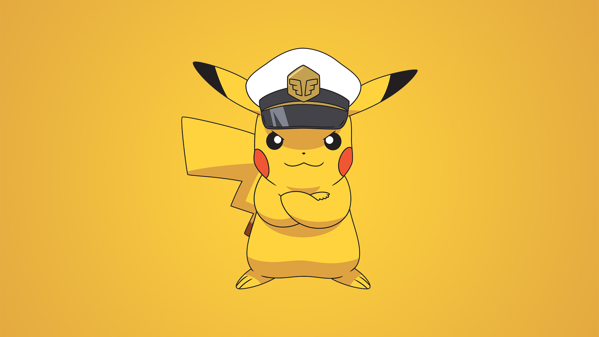 An illustration of new Pokémon animated series Captain Pikachu, a Pikachu who stands with arms folded and wearing a military captain hat.