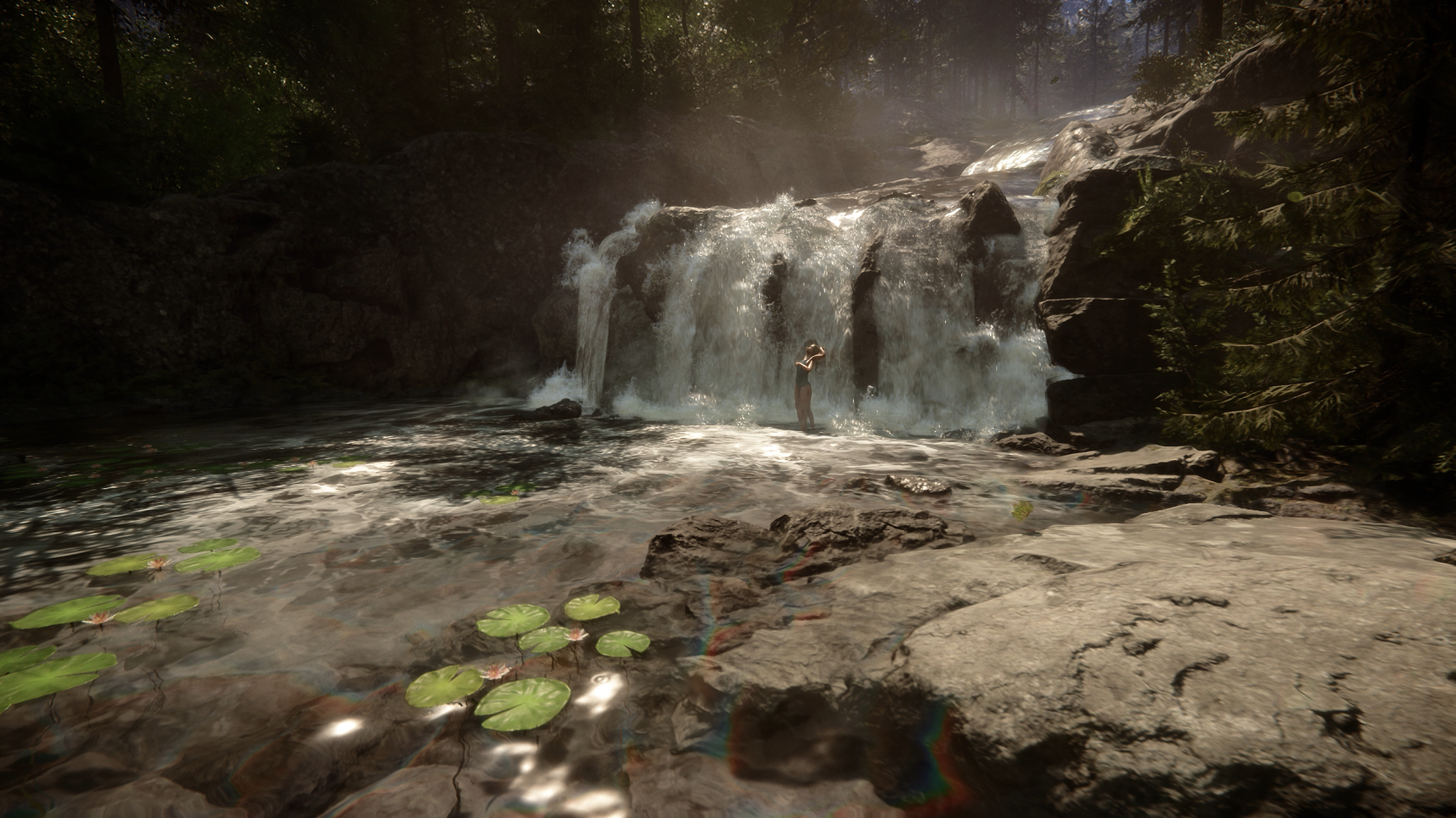 Sons of the Forest - A beautiful scene with a waterfall, deep in the forest. A woman with multiple limbs and mutations bathes under the stream.