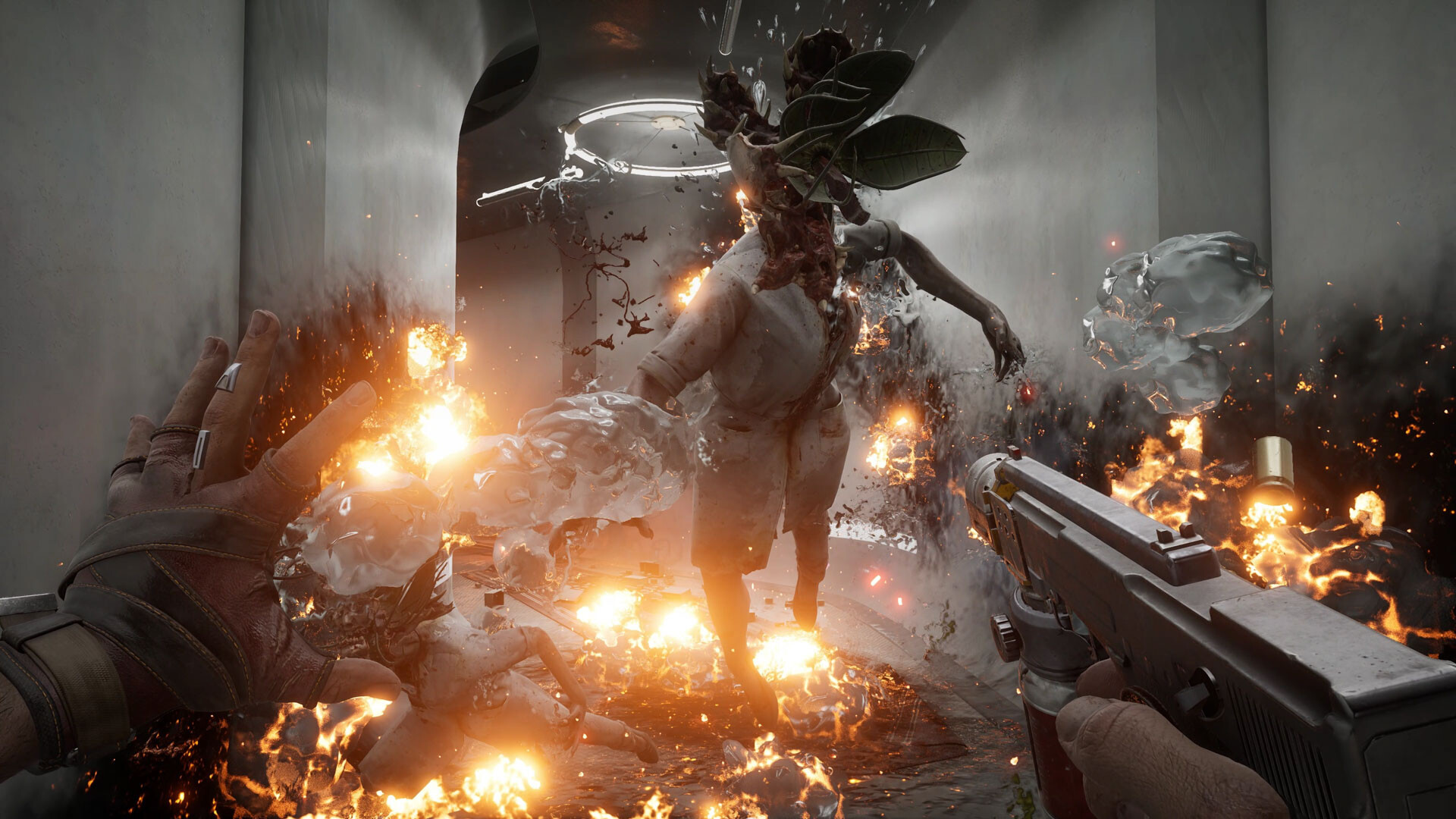 A player fires a pistol and casts fire effects on a creature with a splayed-open head in a screenshot from Atomic Heart