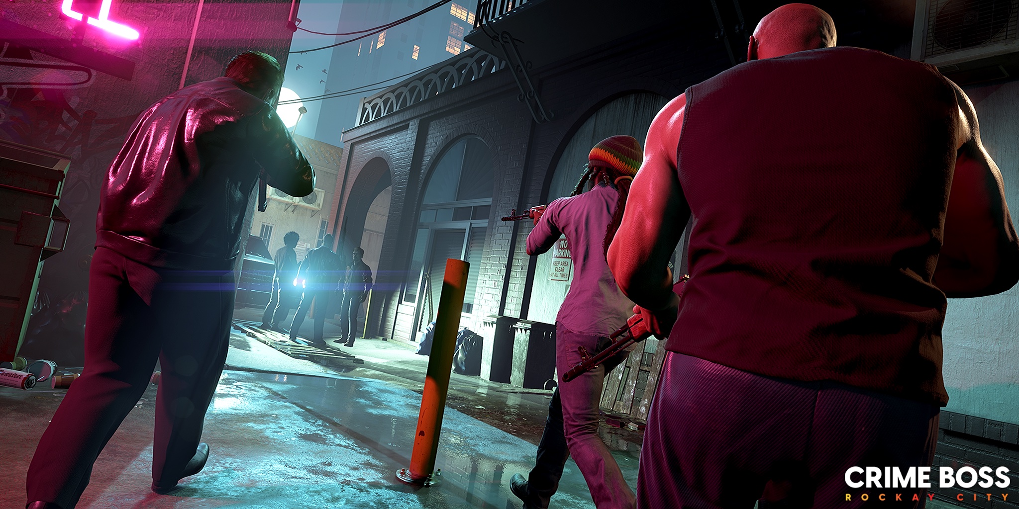 A group of armed men approach another group in a dark alley in a screenshot from Crime Boss: Rockay City