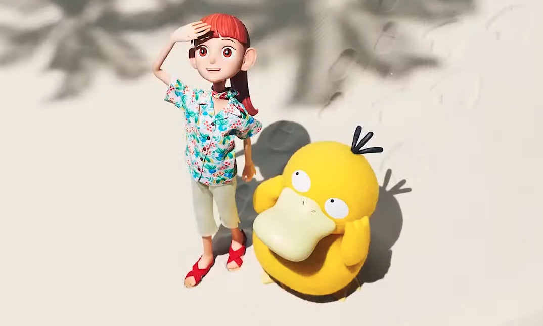 A redheaded woman in a beach resort t-shirt and khakis looks up in the sky from the beach while standing next to psyduck in Pokémon Concierge