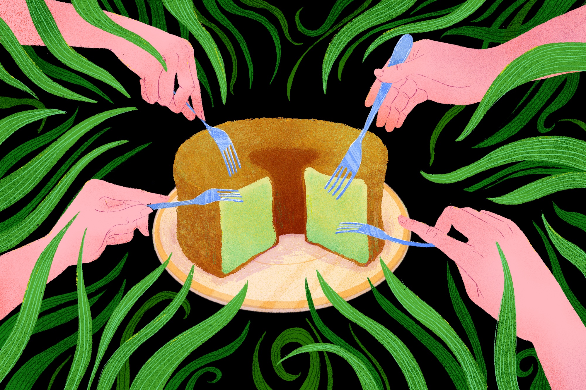 Illustration of a bundt-shaped cake with green interior as several hands and forks poke at it.