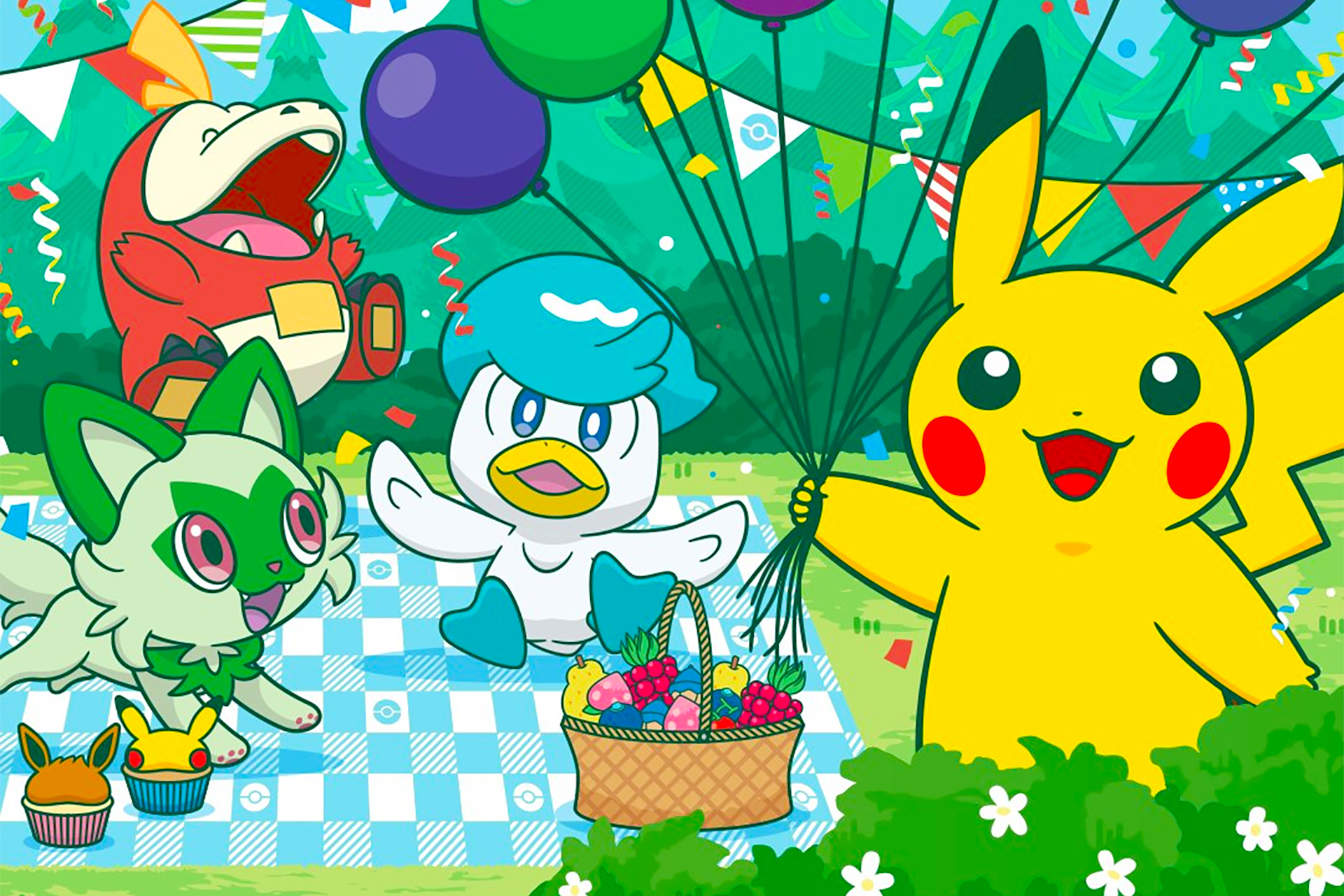 Pikachu holds balloons while Quaxly, Sprigatito, and Fuecoco frolick on a nearby picnic blanket in an illustration for Pokémon Day 2023