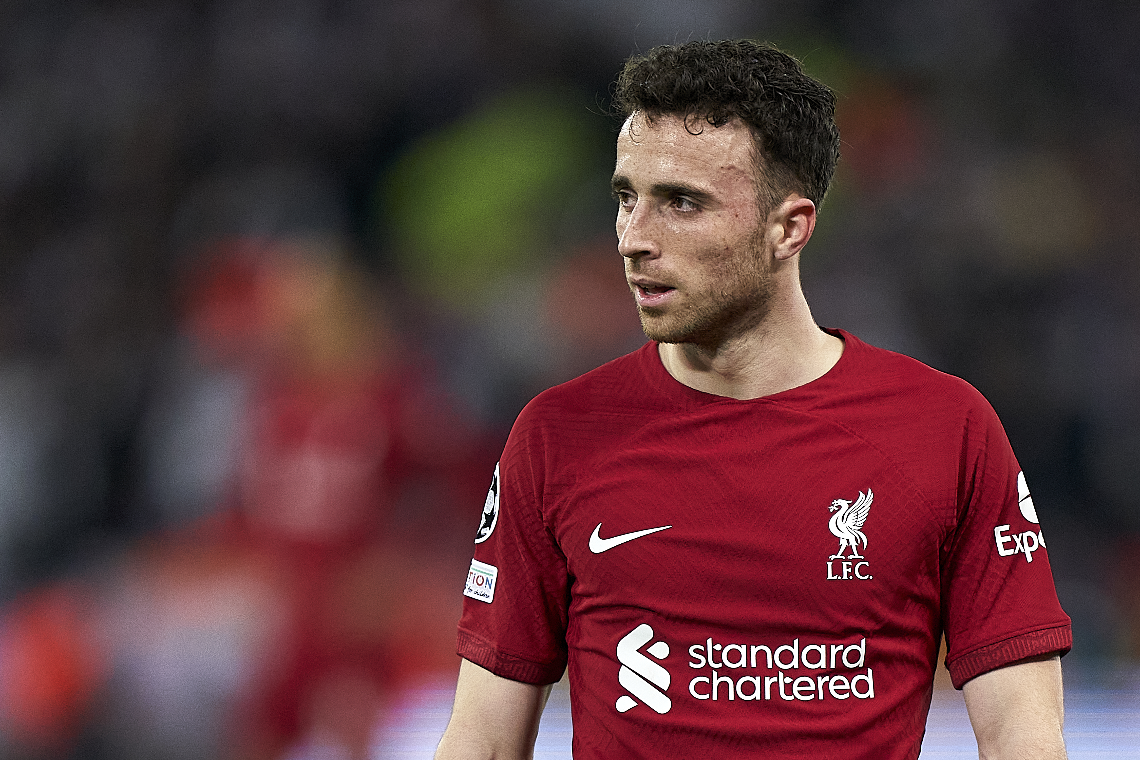 Diogo Jota of Liverpool FC looks on during the UEFA Champions League round of 16 leg one match between Liverpool FC and Real Madrid at Anfield on February 21, 2023 in Liverpool, England.  &nbsp;   