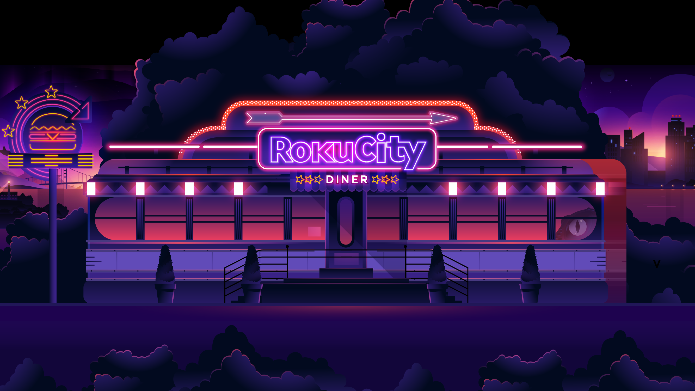A computer rendering of a purple-and-black diner with the words Roku City Diner.