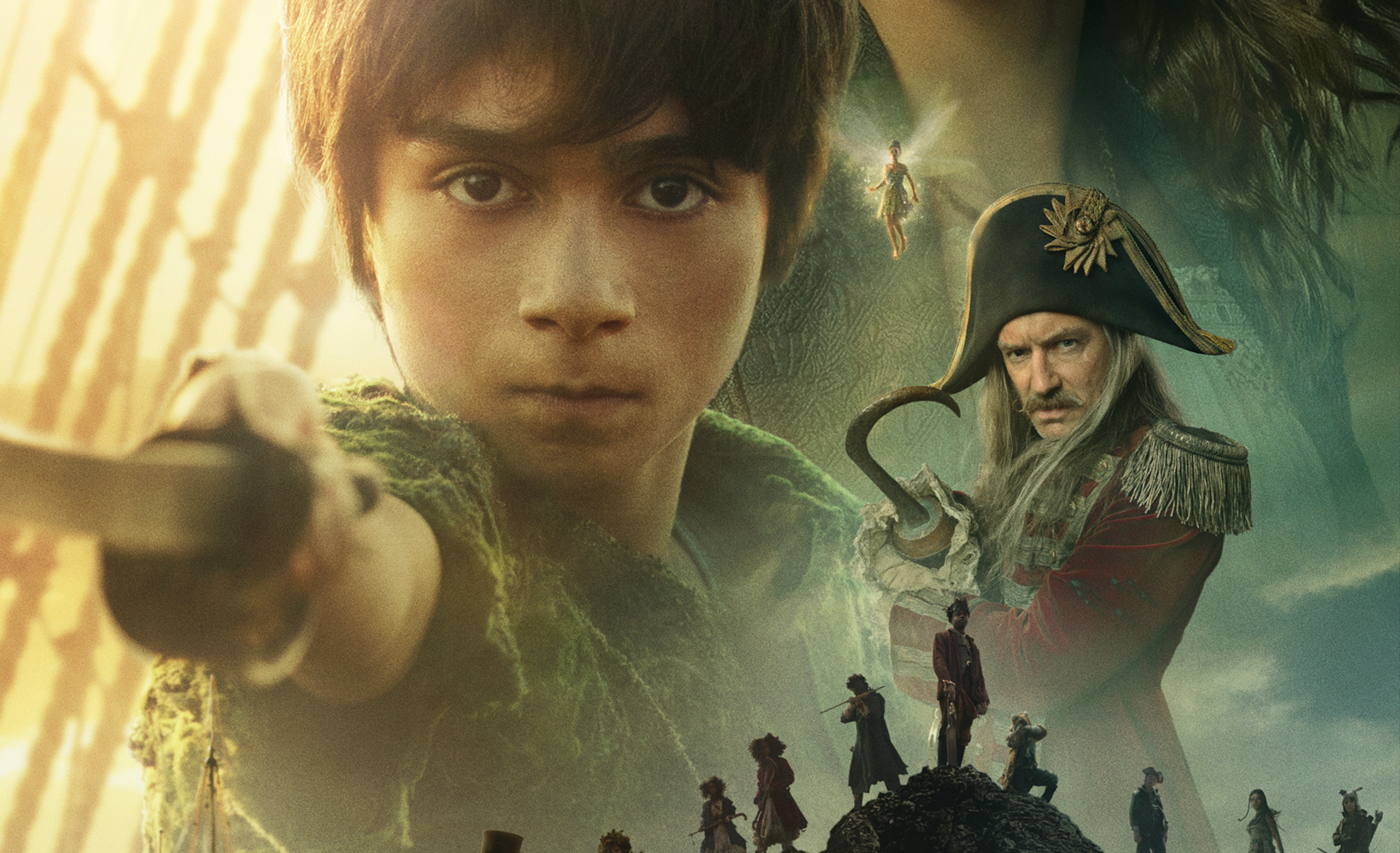 A close up of the poster to Peter Pan &amp; Wendy, with a large image of Peter Pan with a sword pointed towards the camera superimposed over Captain Hook scowling.