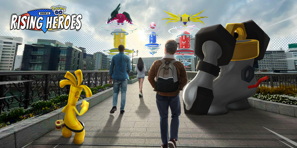 A trio of Pokémon Go players walk across a bridge toward raid towers with Regieleki and Regidrago on top, and Melmetal and Gimmighoul flanking the human players