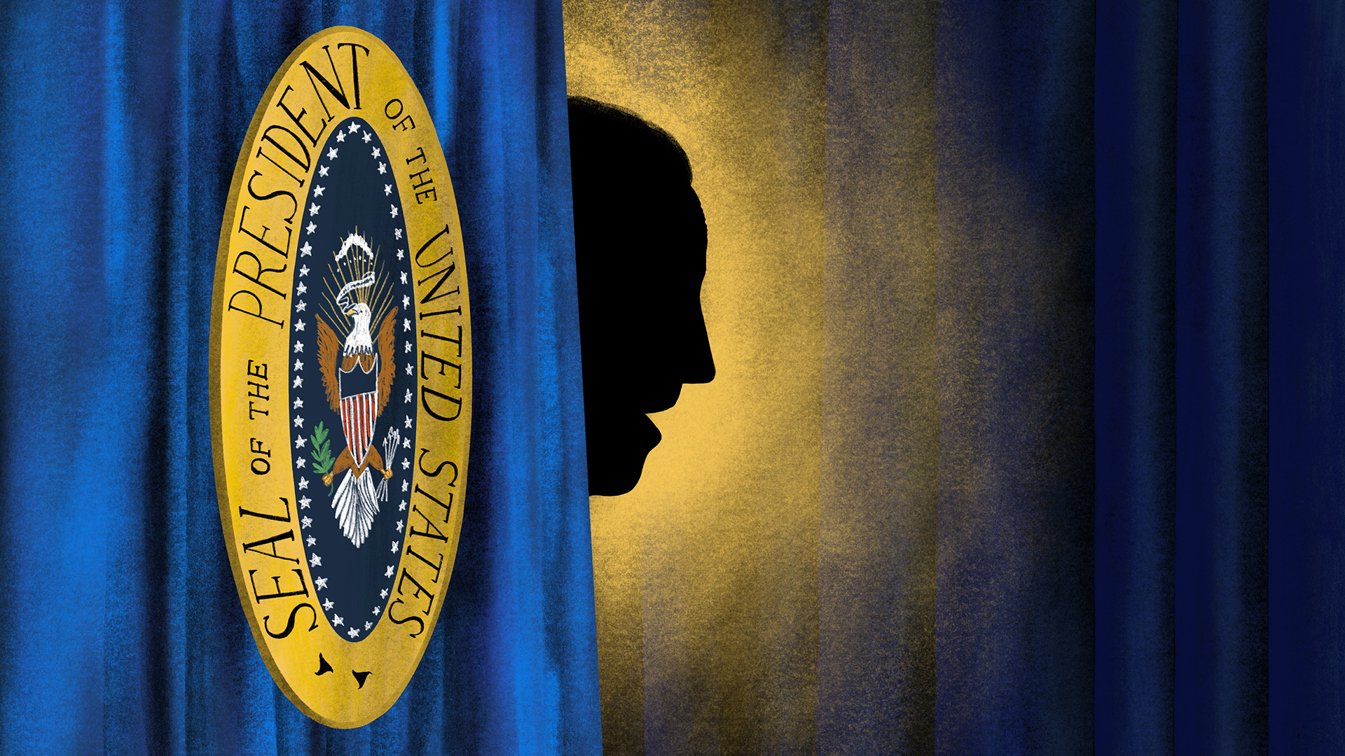 An illustration shows a tall blue curtain with the US presidential seal in gold on it. President Joe Biden’s silhouetted profile is peeking out from behind the curtain, as if waiting to be called onstage.