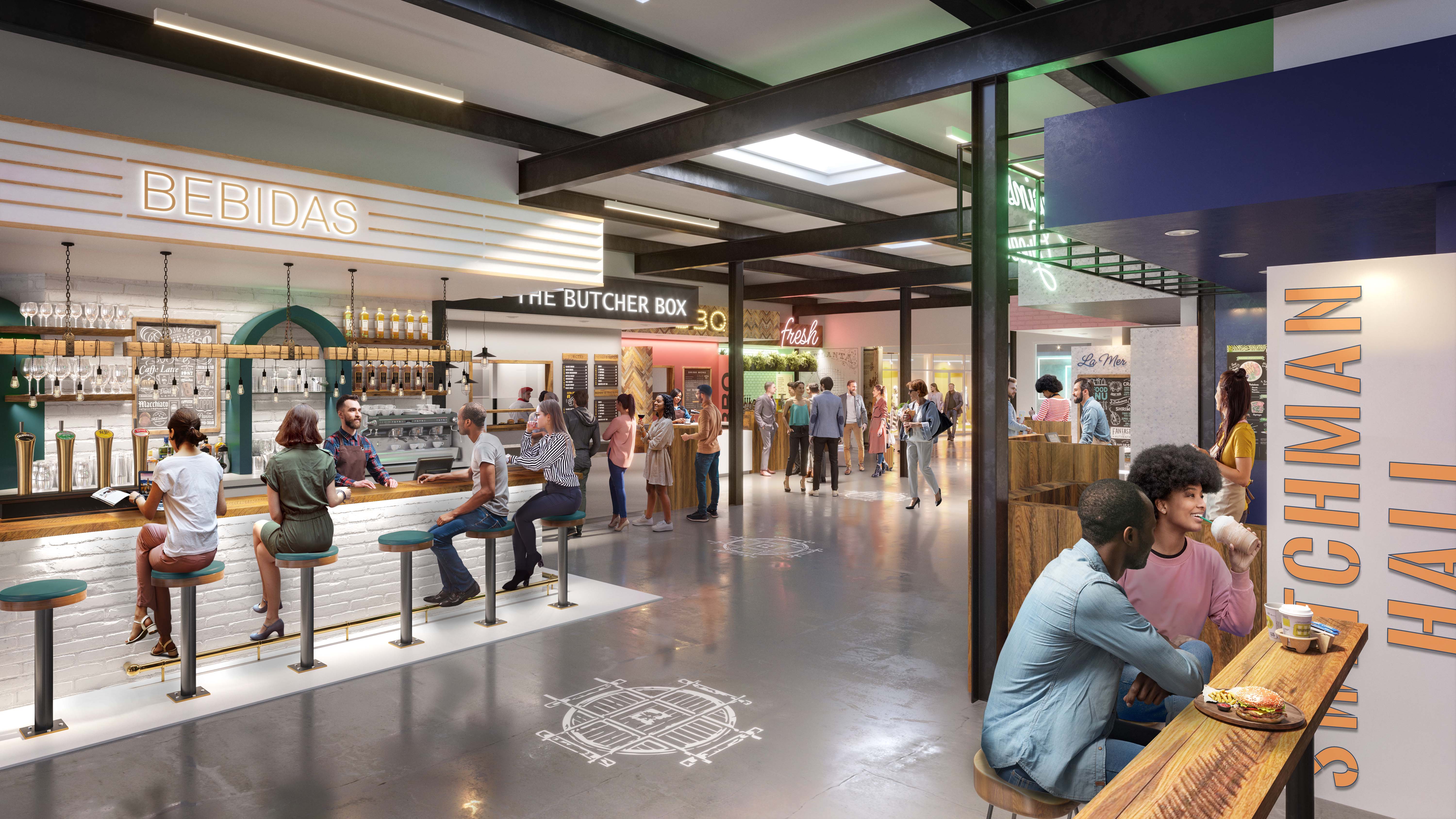 A rendering of the inside of the 12-stall food hall Switchman Hall opening in 2024 at the Terminal South complex in Peoplestown, Atlanta.