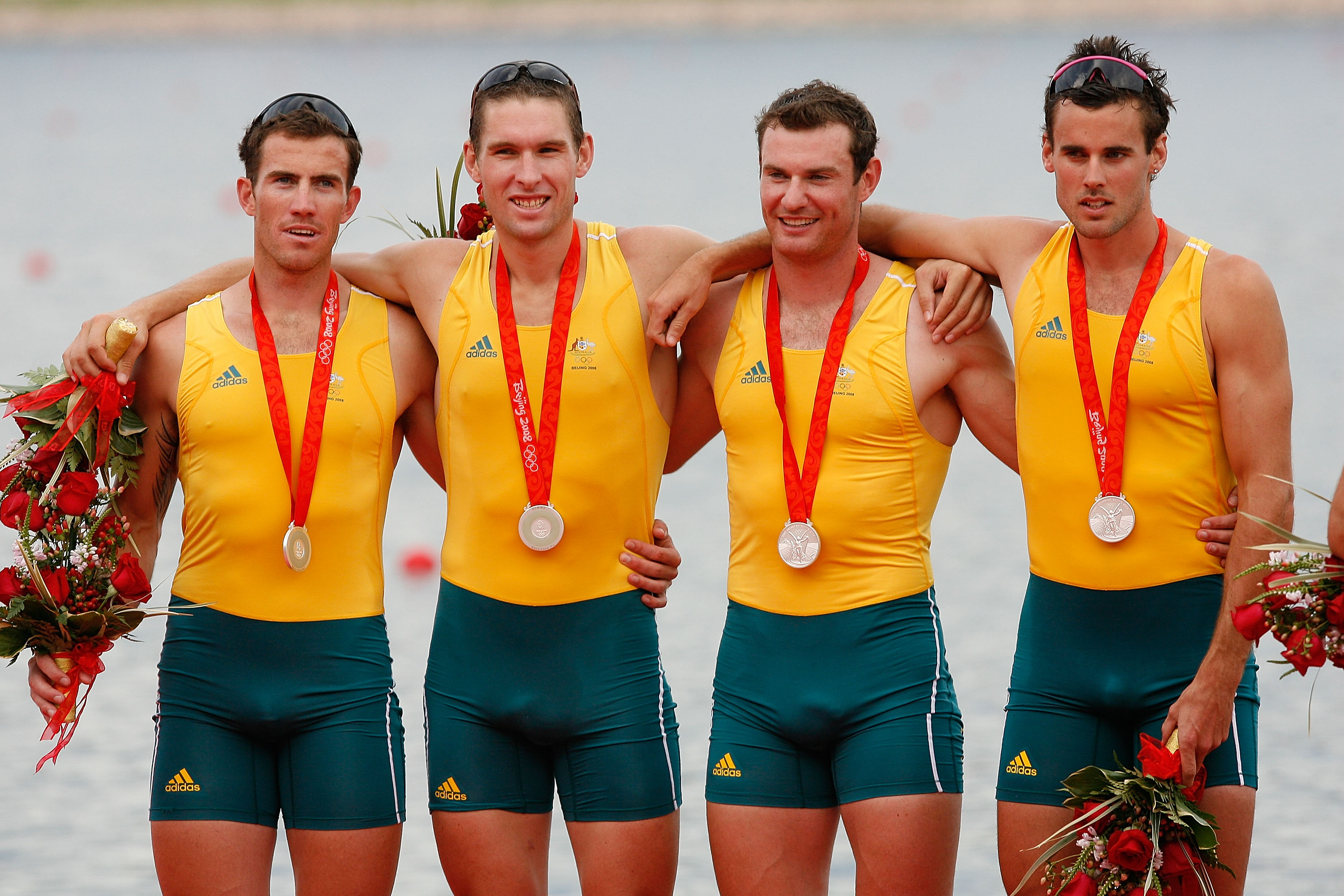 The Australian men’s four pose with their silver medals at the 2008 Beijing Olympics.