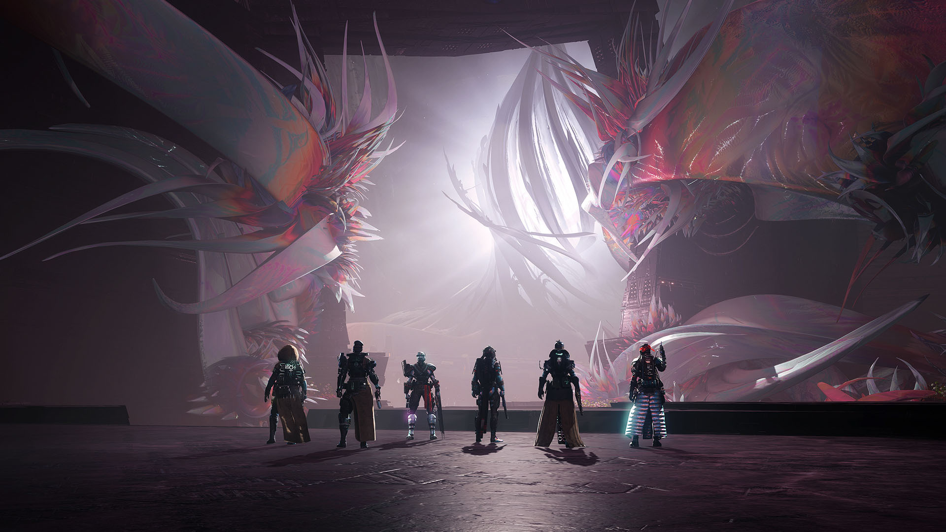 Six guardians stare at an abyss in the Destiny 2 Lightfall raid, Root of Nightmares.