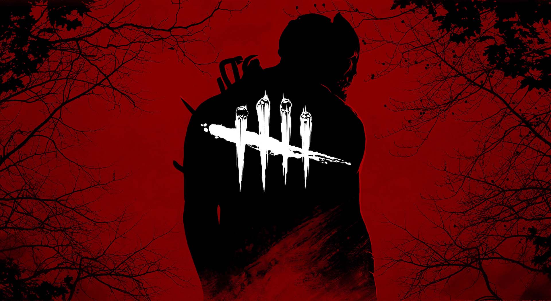 The Dead By Daylight logo which includes a tally mark with one of the game’s killers standing in a black silhouette against a red background 